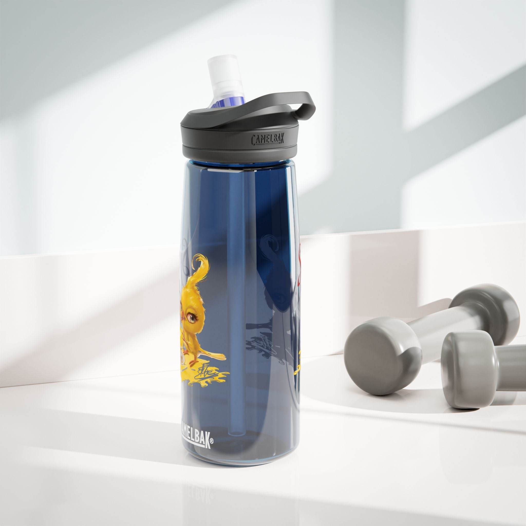 Printify eco-friendly water bottle in blue with black lid and yellow design near gray dumbbells