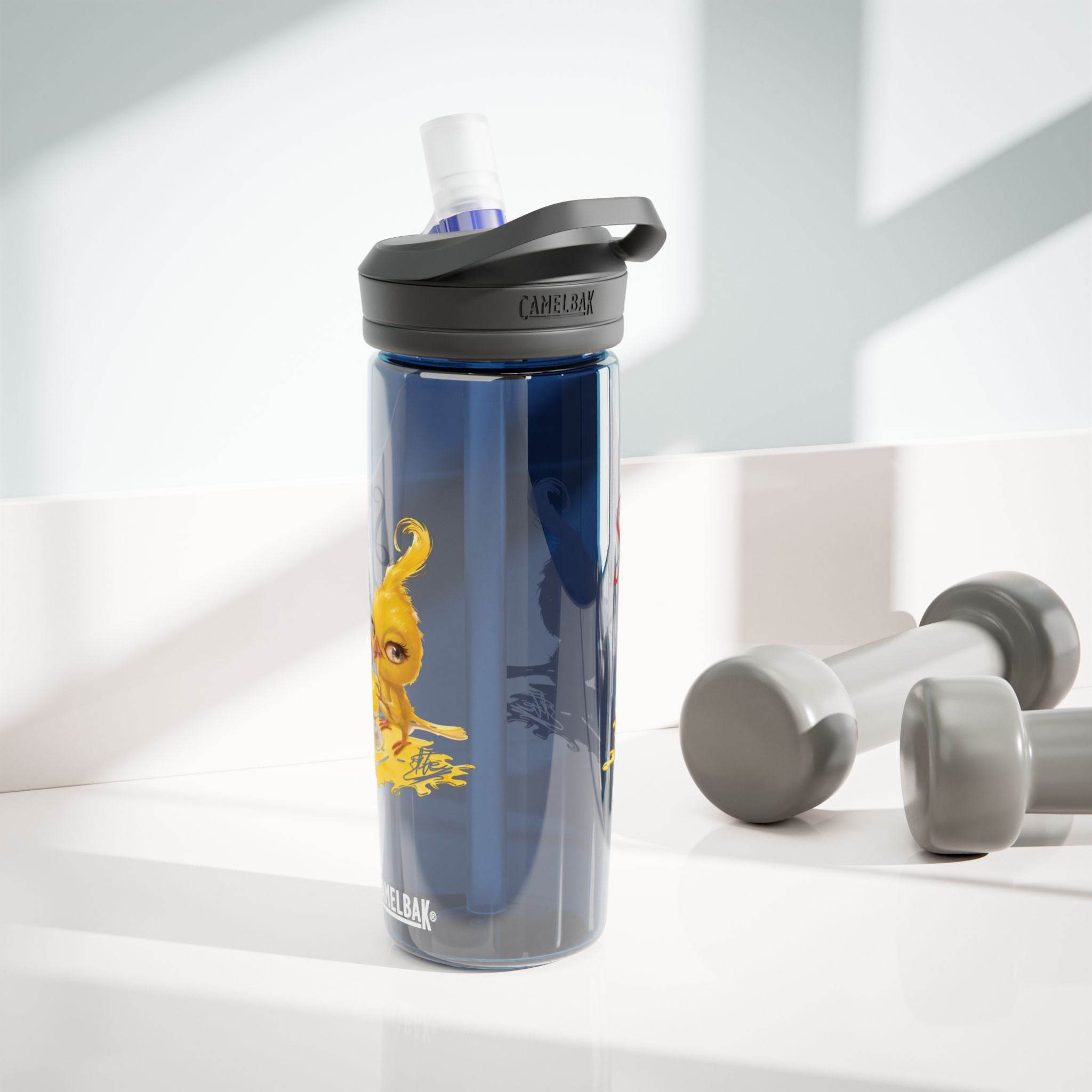 Printify eco-friendly water bottle in blue with black lid and yellow octopus design near gray dumbbells