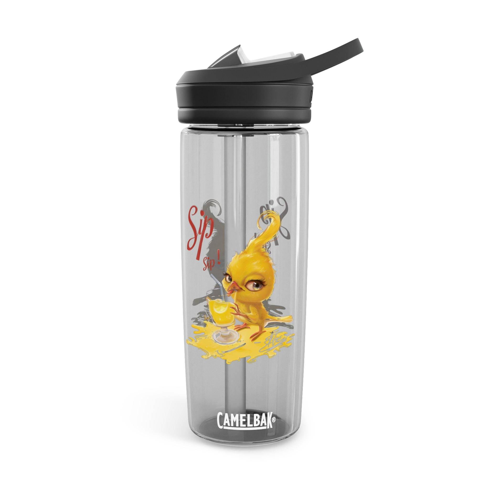 Transparent CamelBak eco-friendly water bottle with black lid and yellow bird design sipping tea