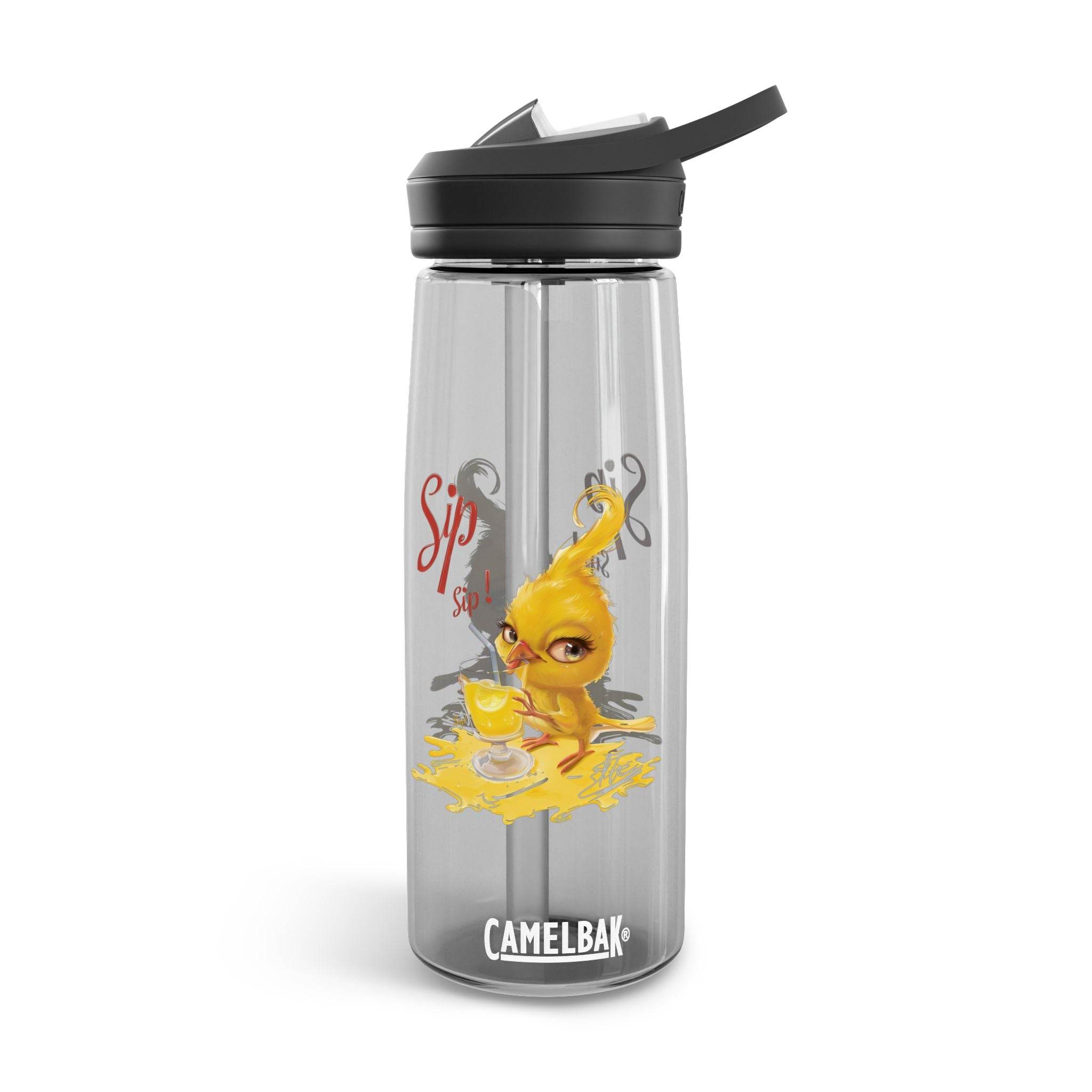 Printify CamelBak eco-friendly water bottle with yellow bird design and black flip lid