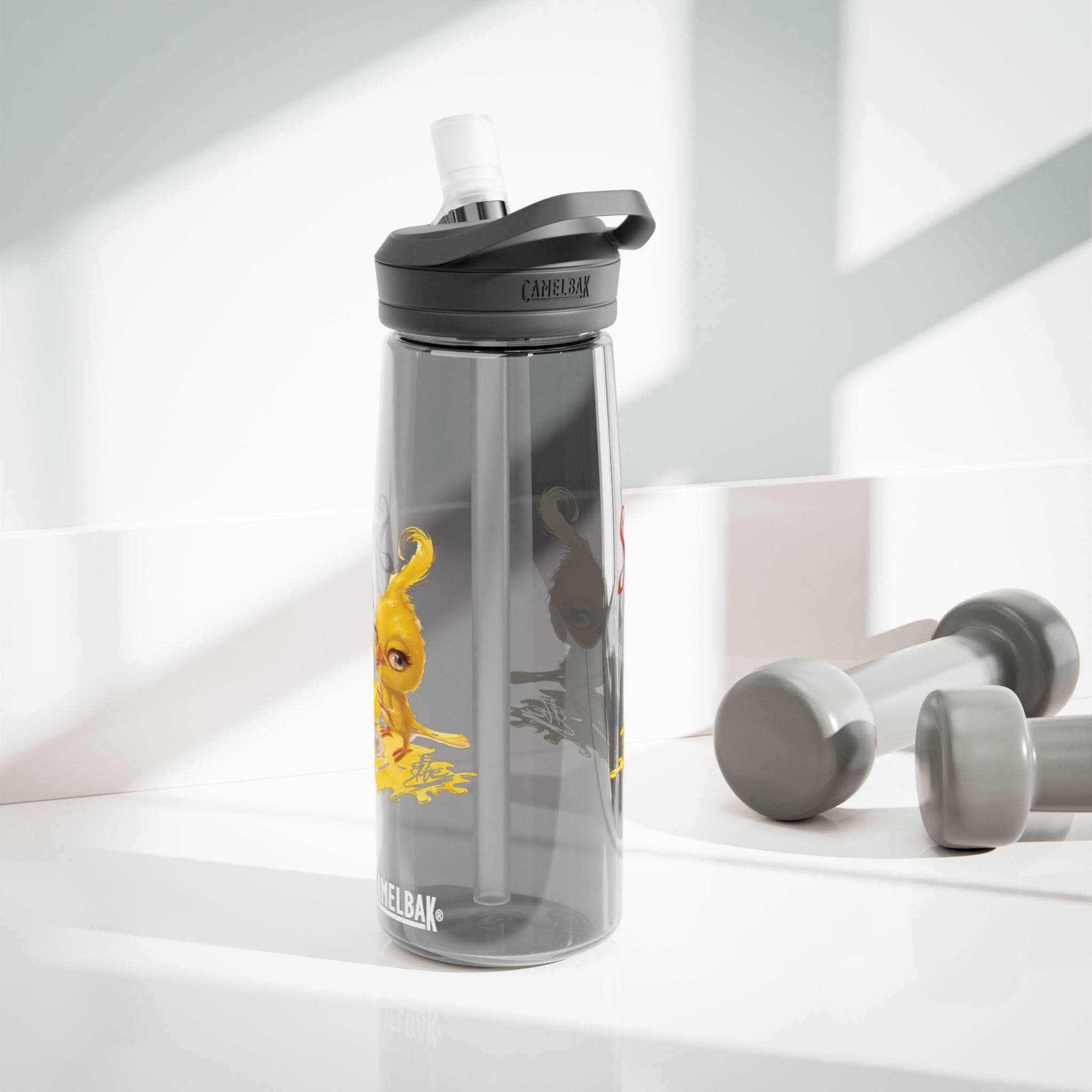 Printify eco-friendly water bottle with gray lid and yellow graphic near gray dumbbells on white surface
