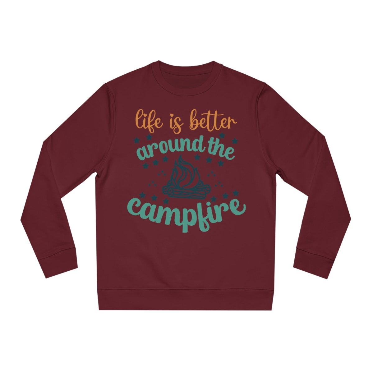 Maroon eco-friendly campfire sweatshirt with the quote life is better around the campfire