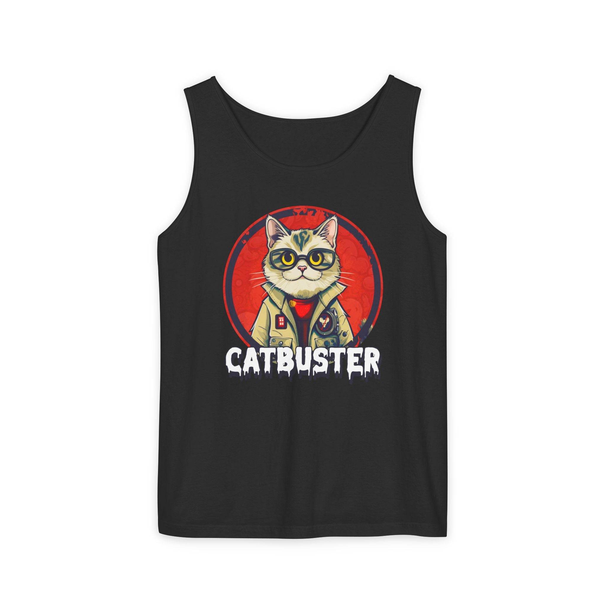 Black eco-friendly tank top by Printify with a graphic of a cat wearing glasses and jacket labeled Catbuster