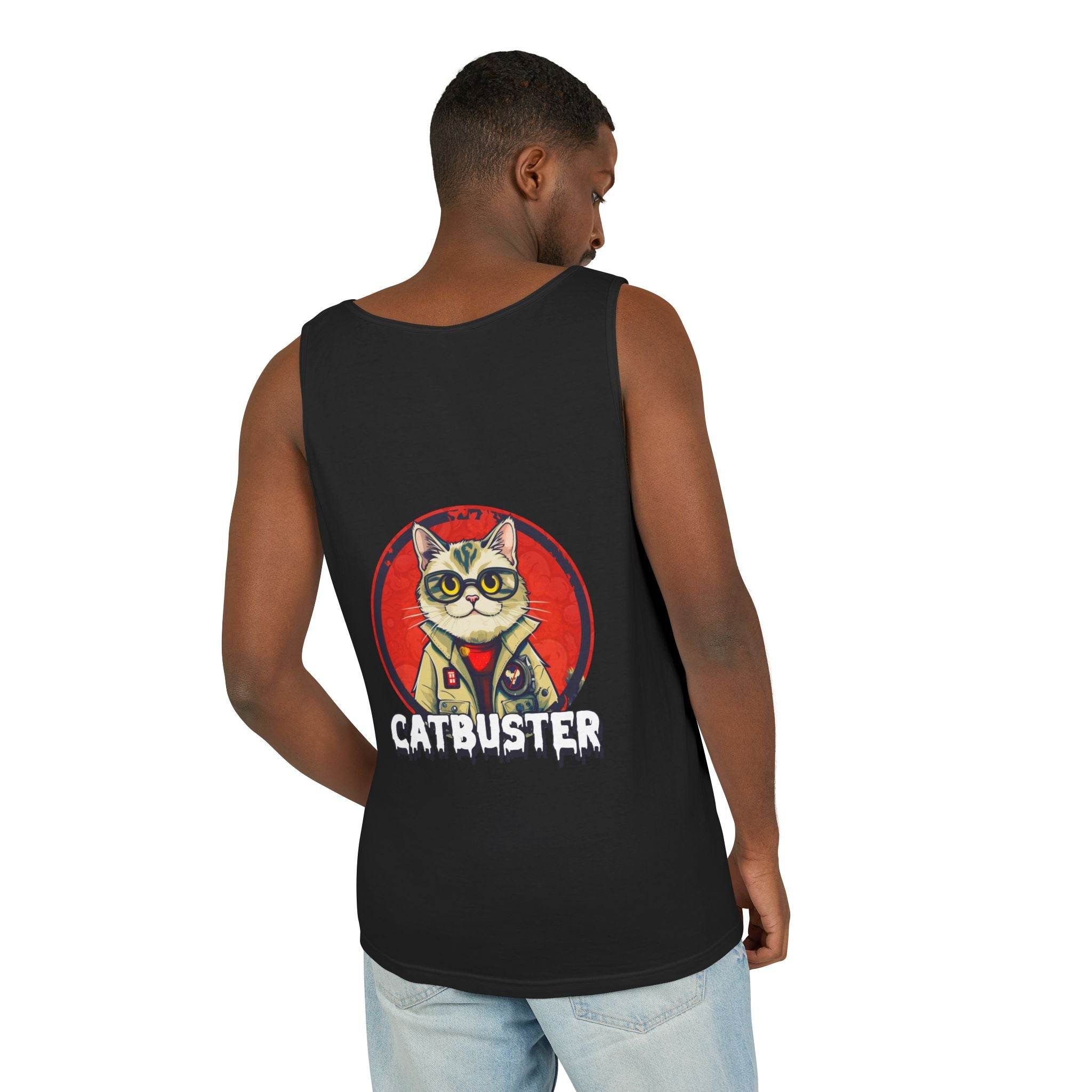 Printify black eco-friendly tank top featuring a Catbuster graphic on the back worn by a man
