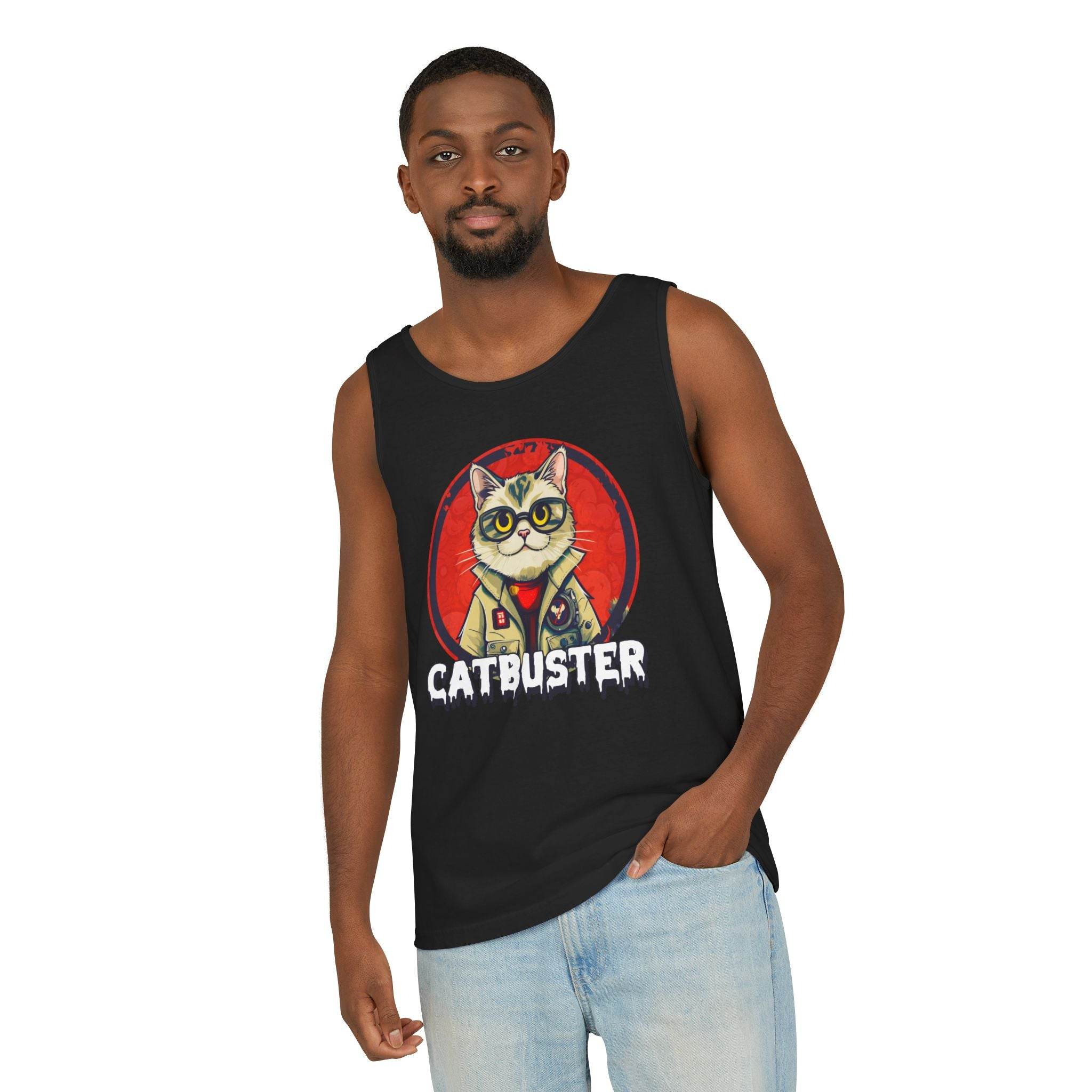 Printify black eco-friendly tank top with Catbuster graphic worn by male model