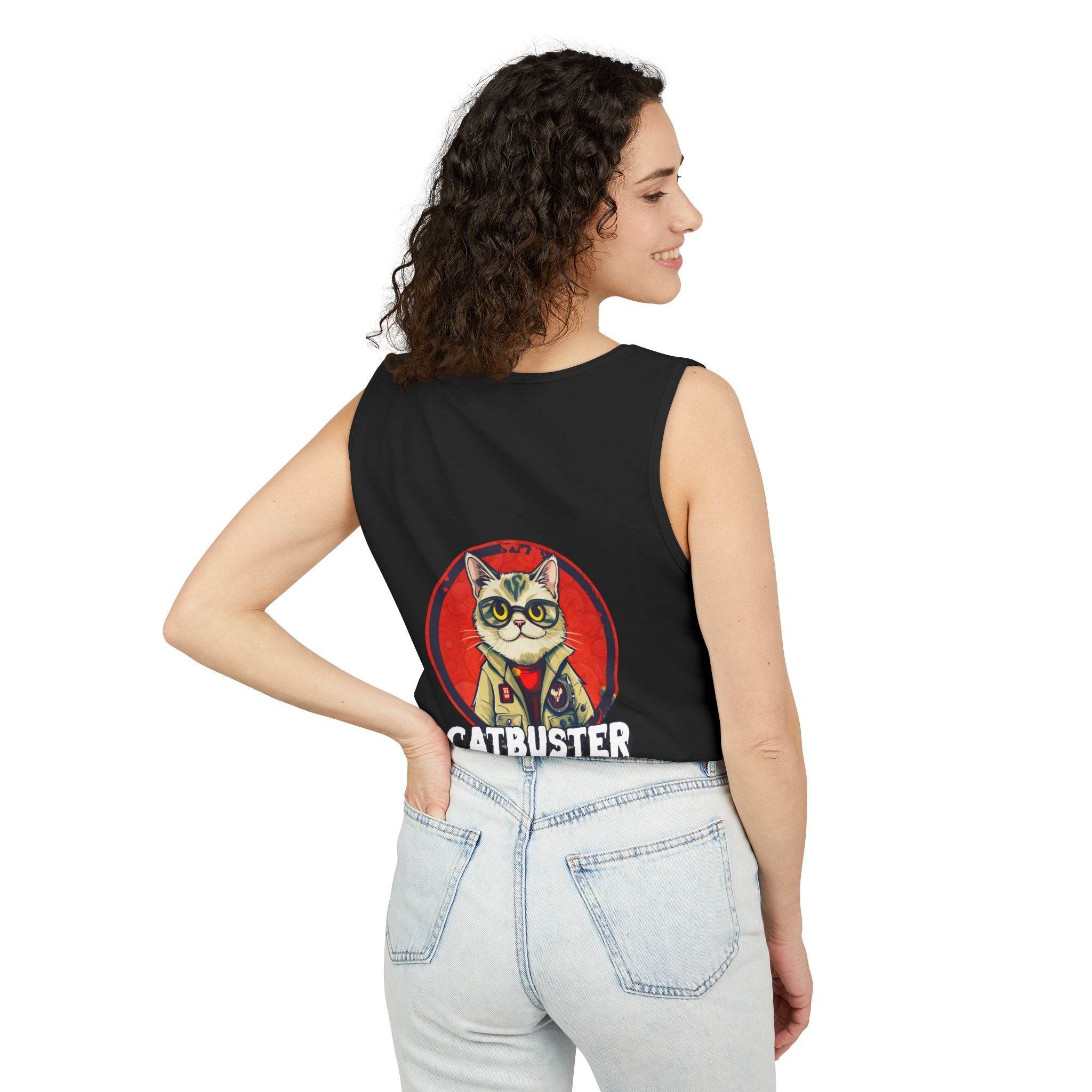 Woman wearing Printify eco-friendly tank top with Catbuster cat graphic on back in black