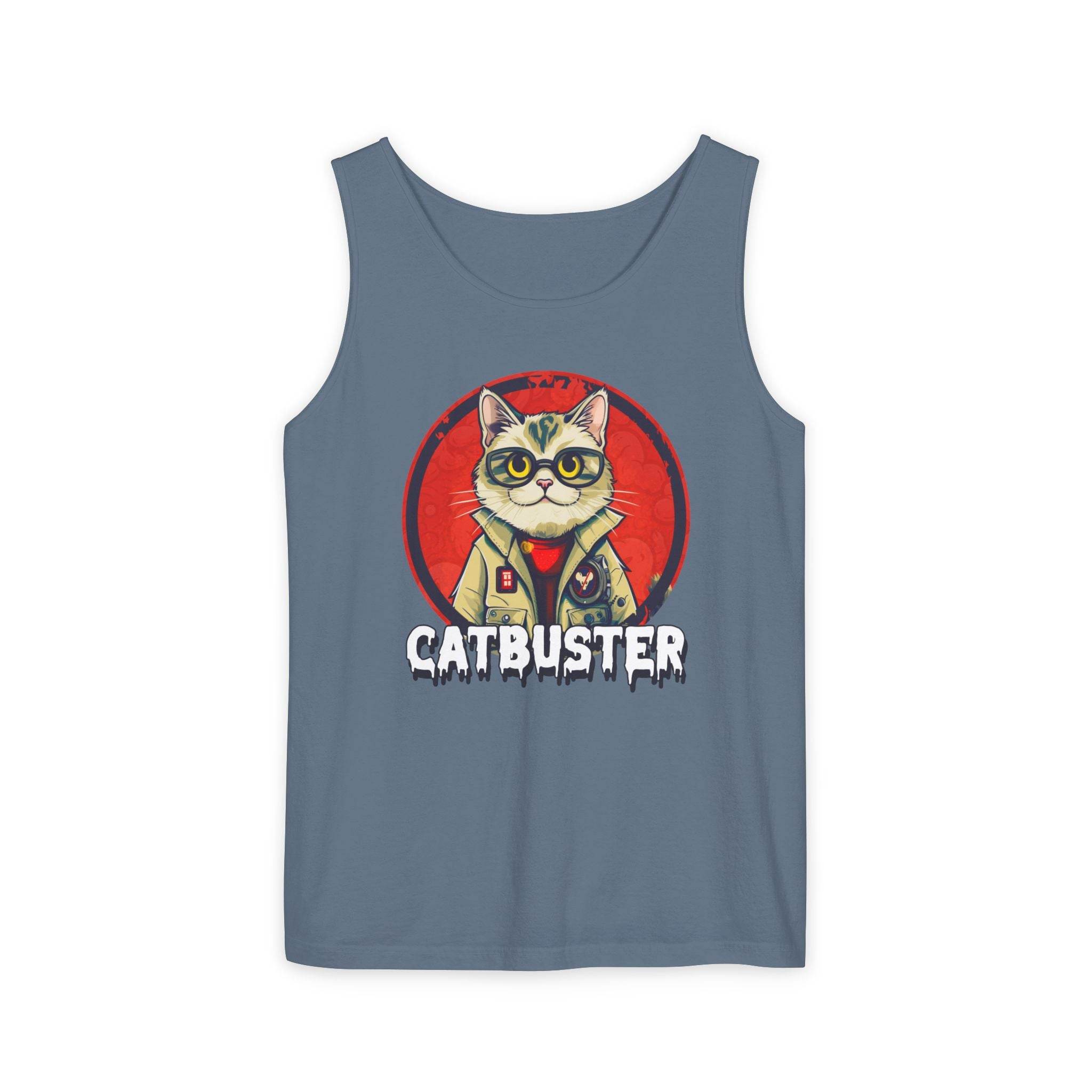 Printify eco-friendly tank top with Catbuster cat graphic on blue sleeveless shirt