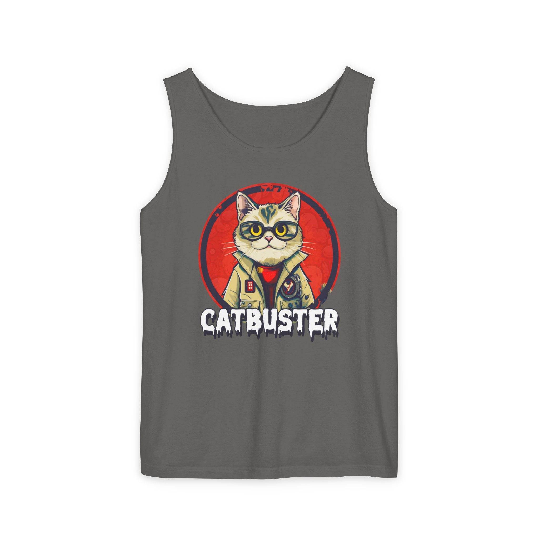 Printify eco-friendly tank top with Catbuster graphic design on gray fabric