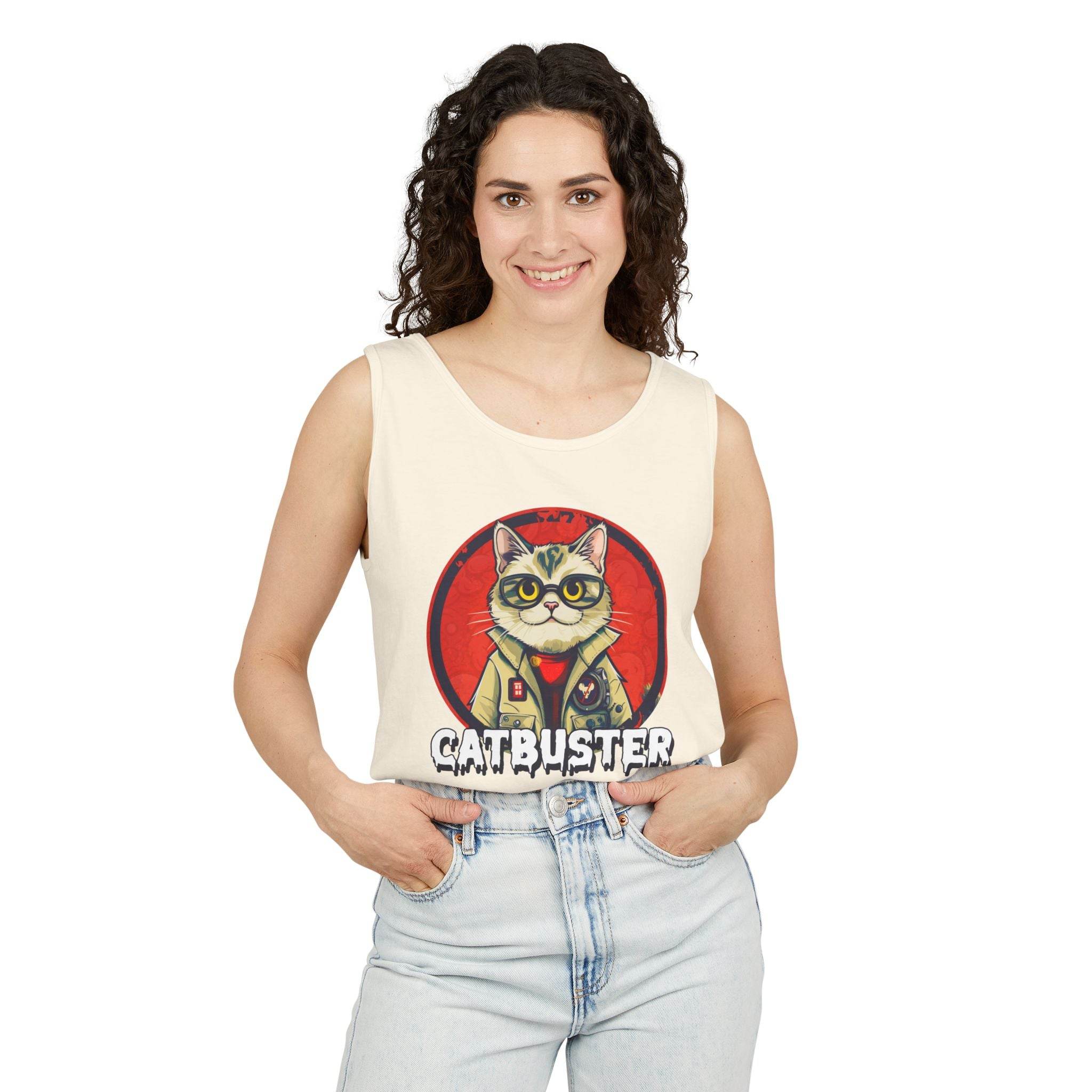 Printify eco-friendly tank top featuring Catbuster graphic worn by smiling woman