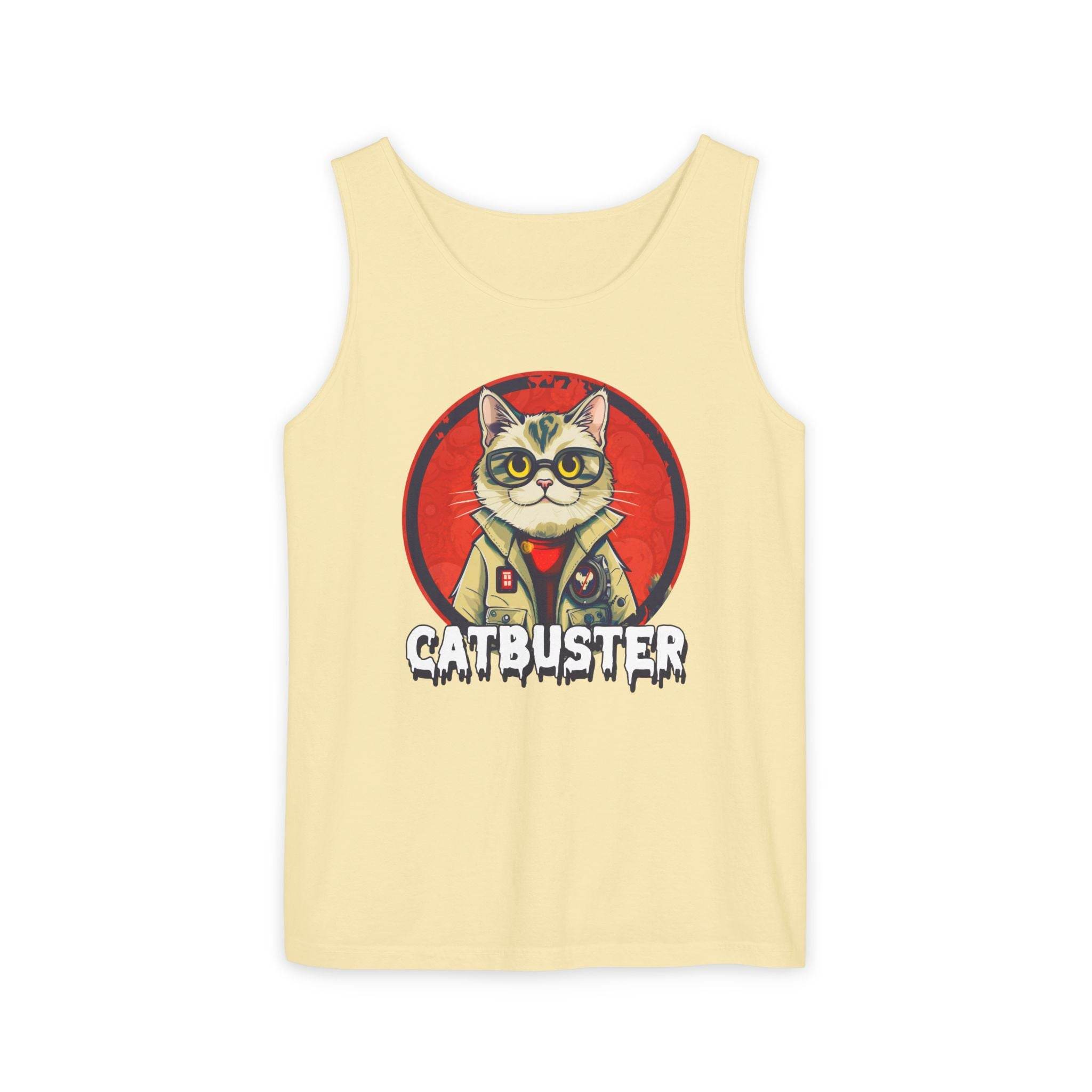 Printify eco-friendly tank top in beige with catbuster graphic featuring a cat in glasses and jacket