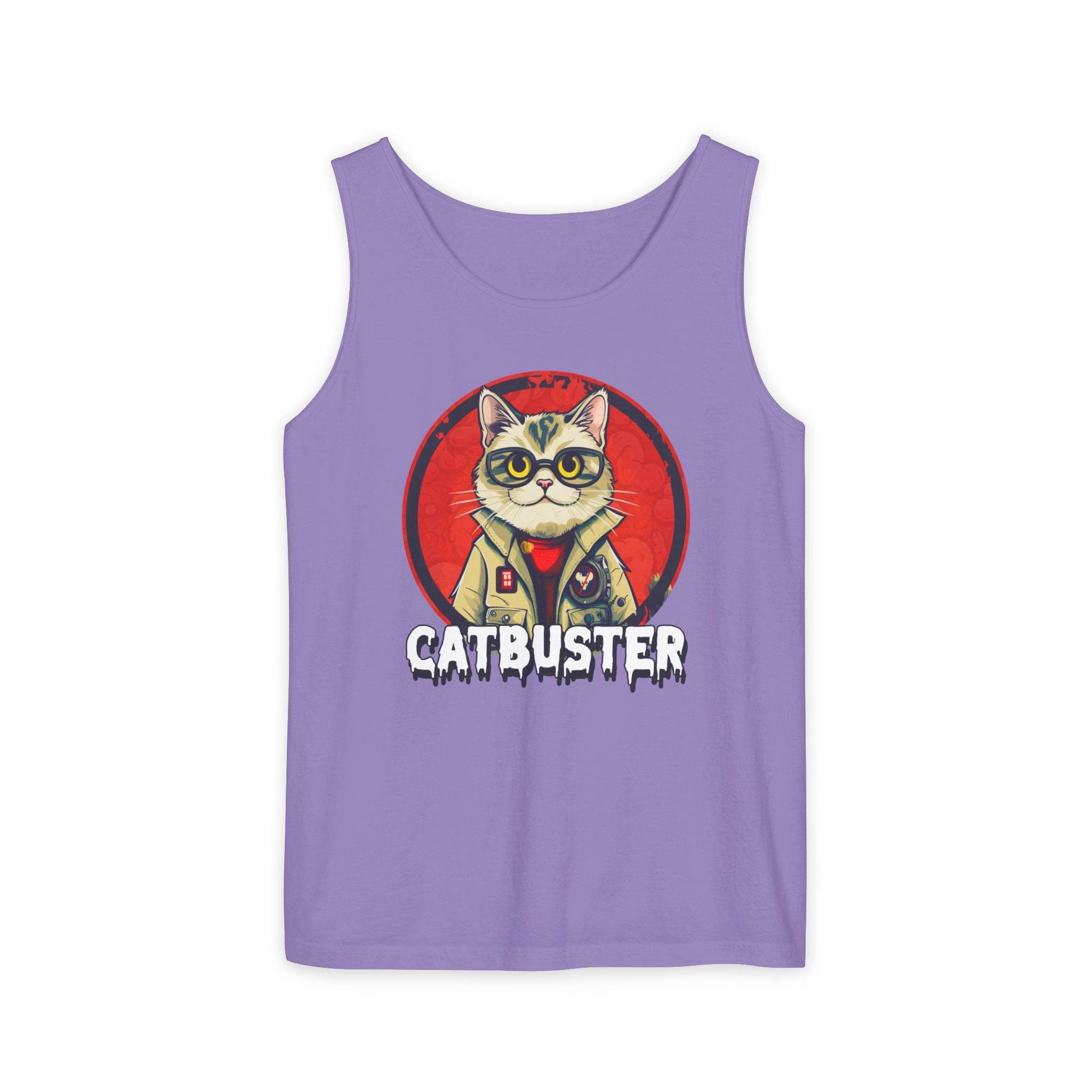 Purple Printify eco-friendly tank top featuring a graphic of a cat dressed as a ghostbuster with catbuster text