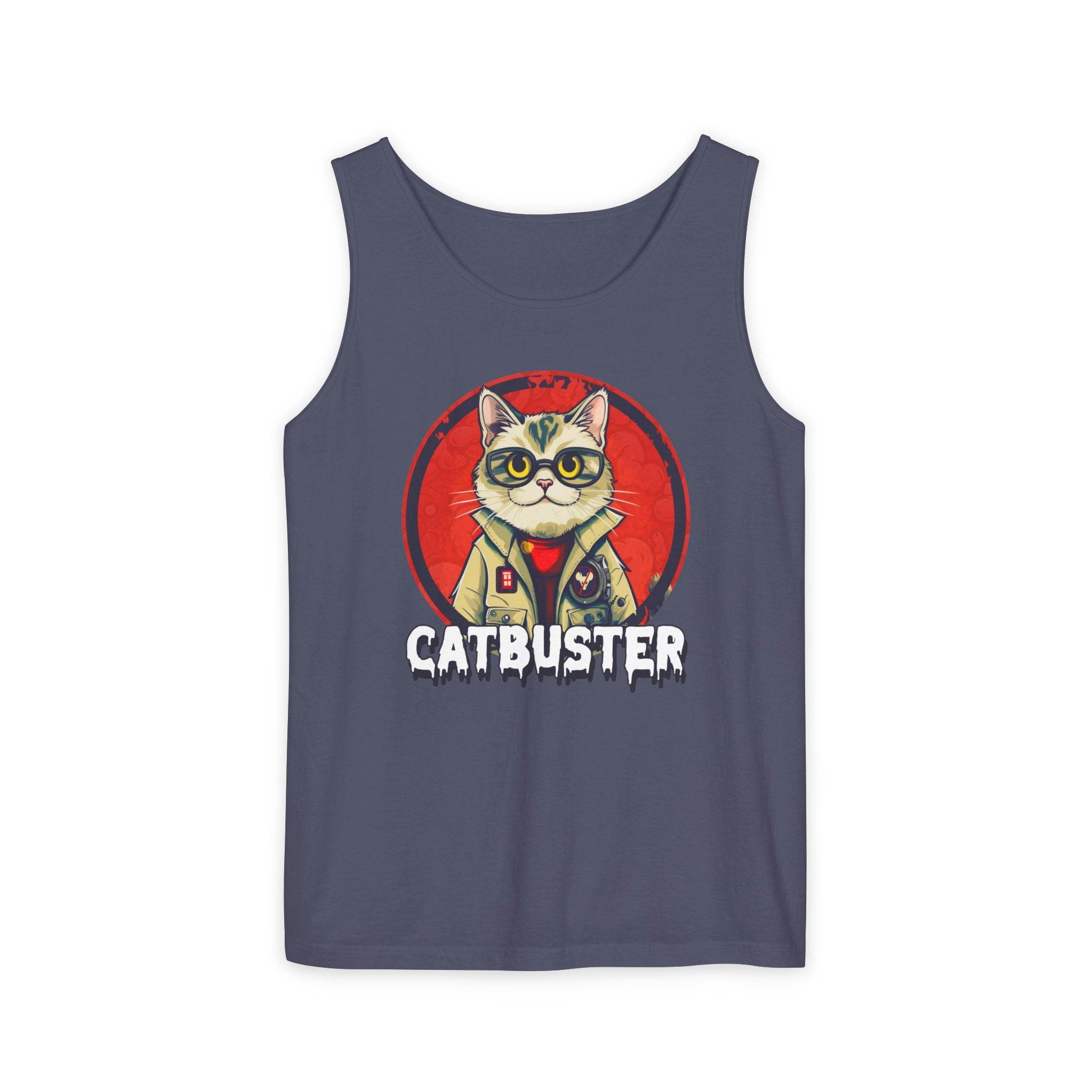 Printify eco-friendly tank top with Catbuster cat graphic on dark blue fabric