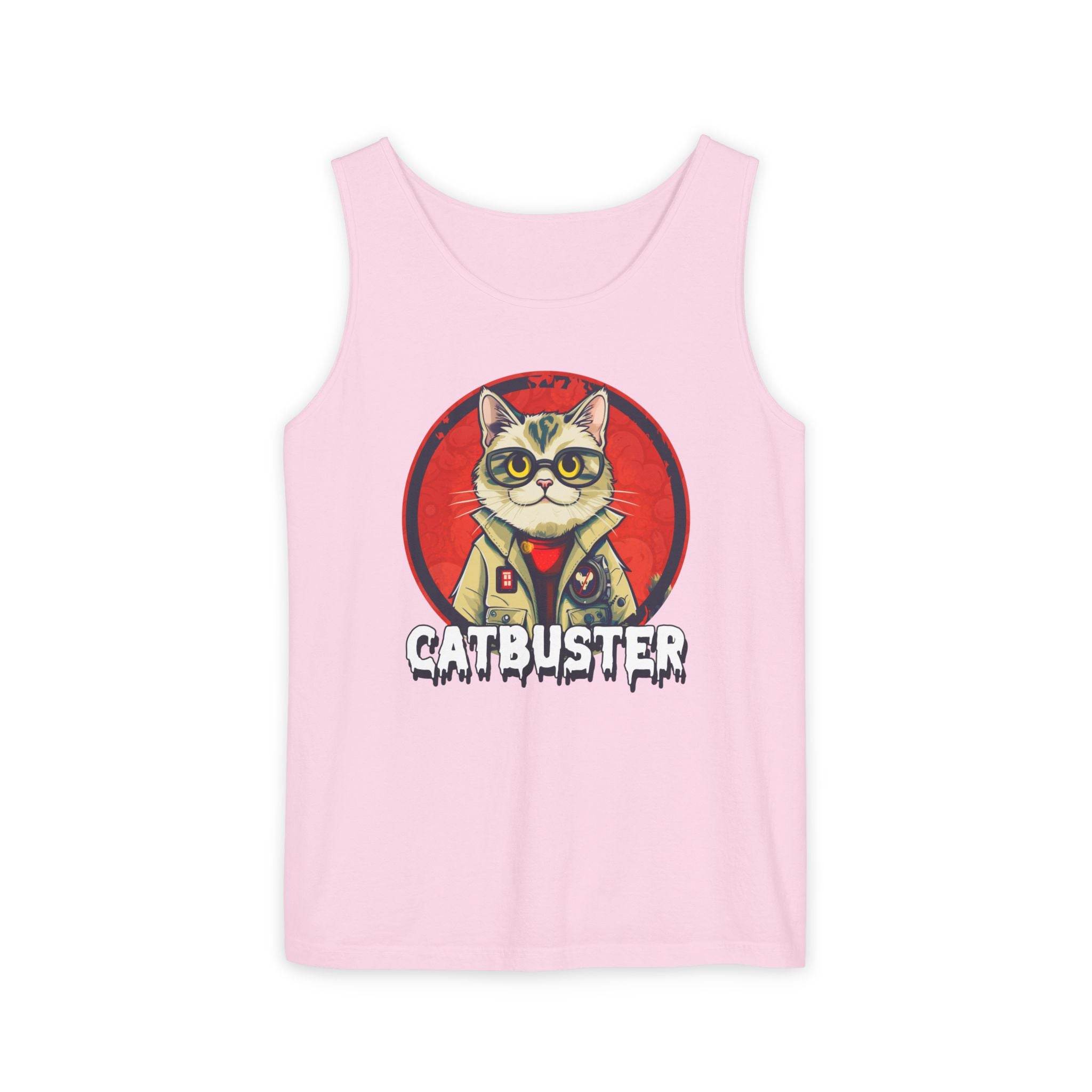 Printify pink eco-friendly tank top with Catbuster cat graphic and bold text design