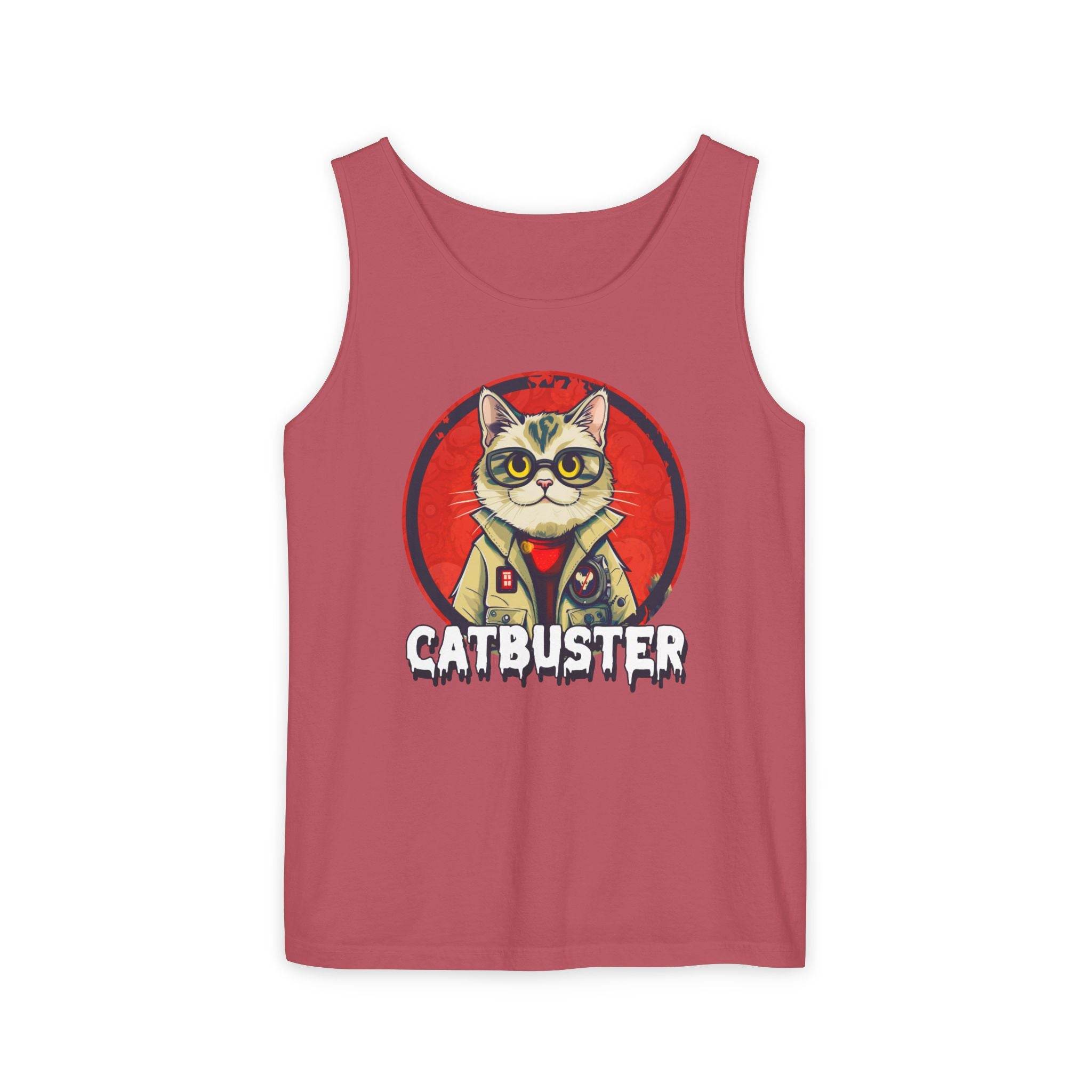 Printify eco-friendly tank top in red with catbuster graphic design of a cat in glasses and jacket