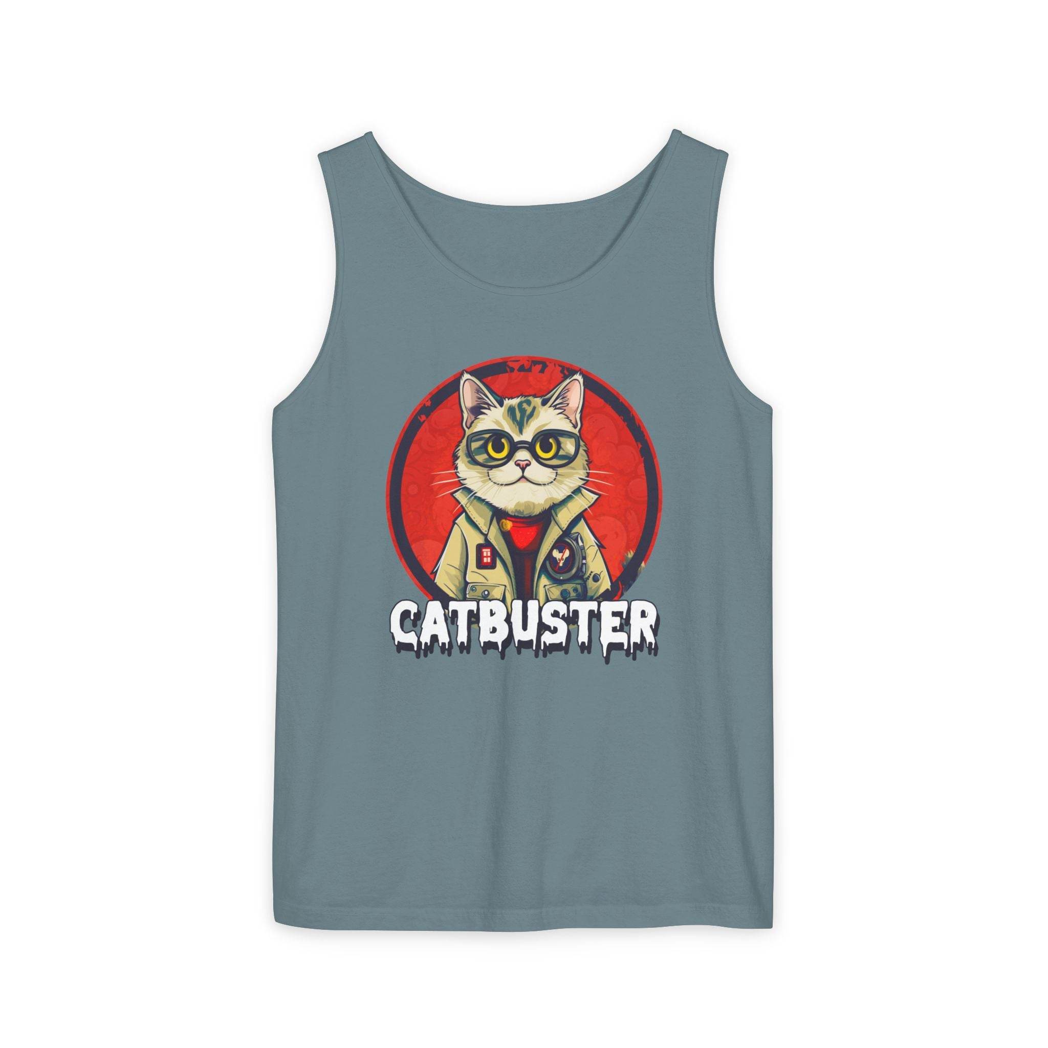 Printify eco-friendly tank top in blue featuring a cartoon catbuster graphic design
