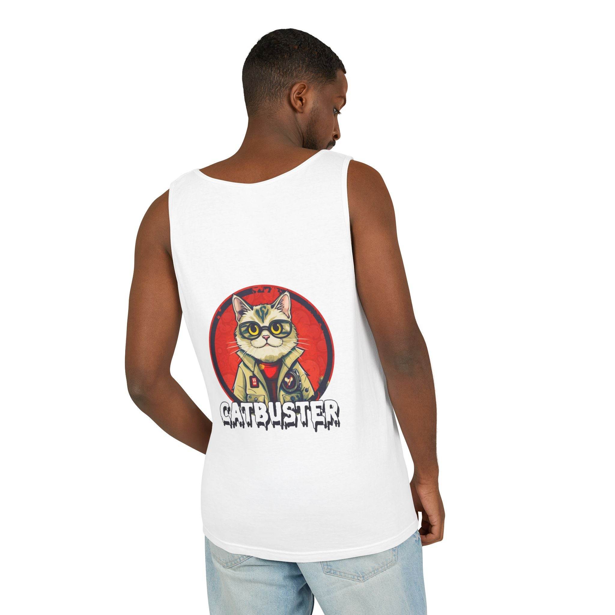 Printify white eco-friendly tank top with Catbuster graphic worn by a man from the back