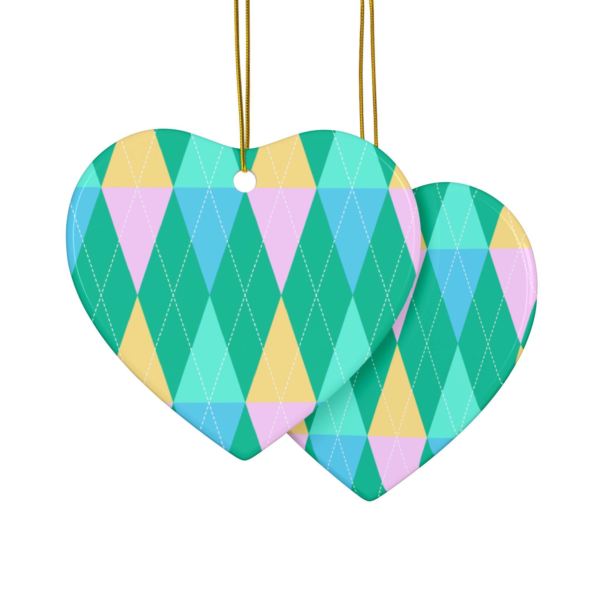 Printify ceramic holiday tree ornaments in heart shape with colorful argyle pattern for seasonal decorations