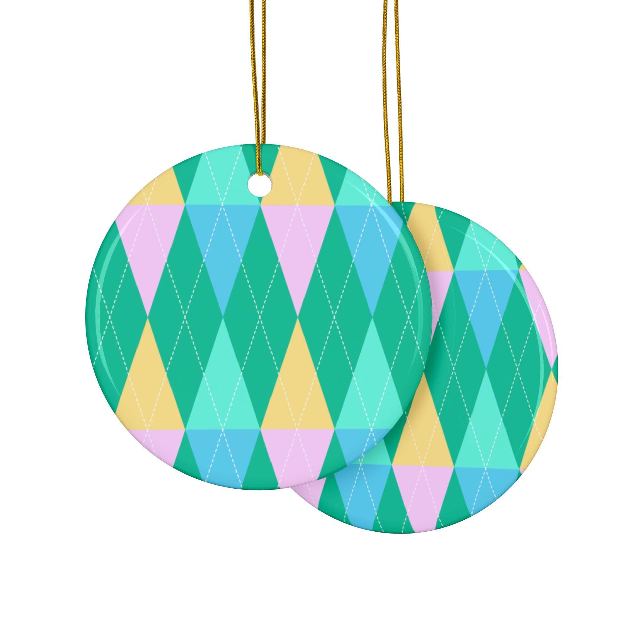 Printify ceramic holiday tree ornaments round with colorful pastel argyle pattern and gold hanging strings