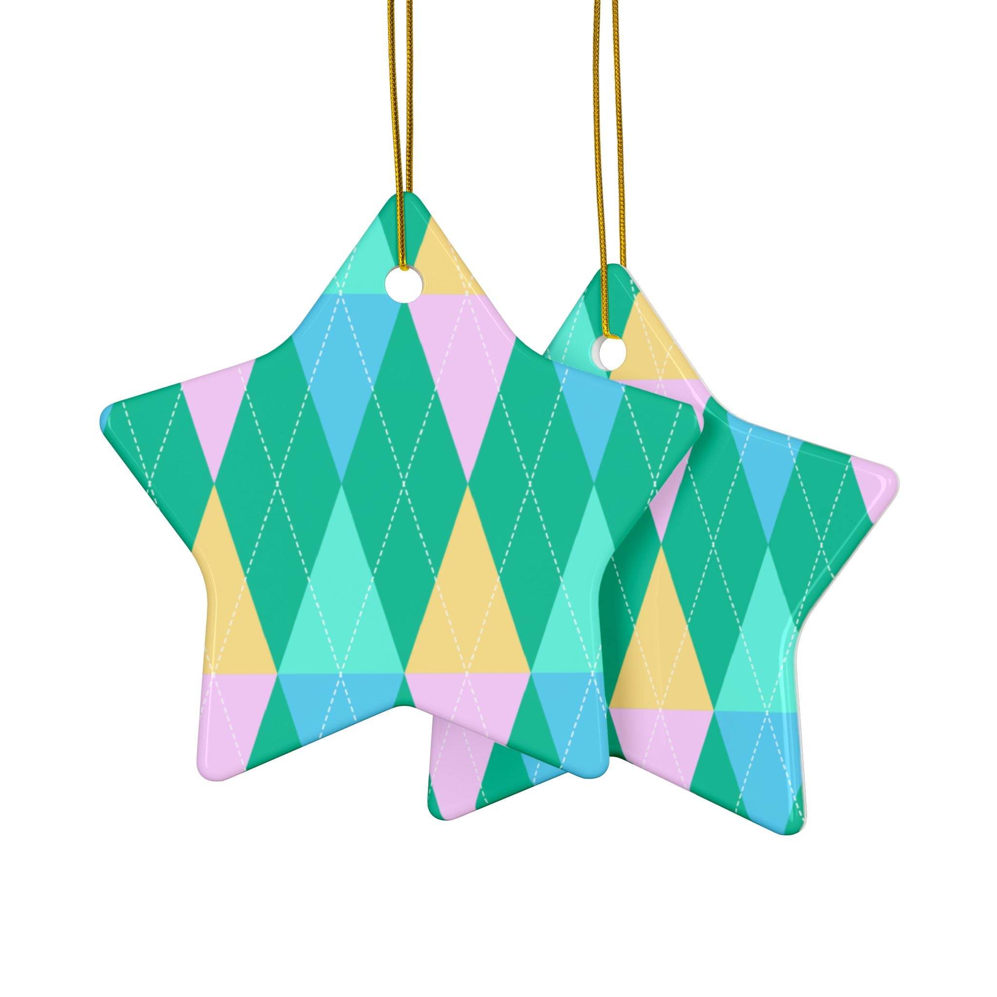 Printify ceramic holiday tree ornaments star-shaped with pastel argyle pattern hanging with gold string