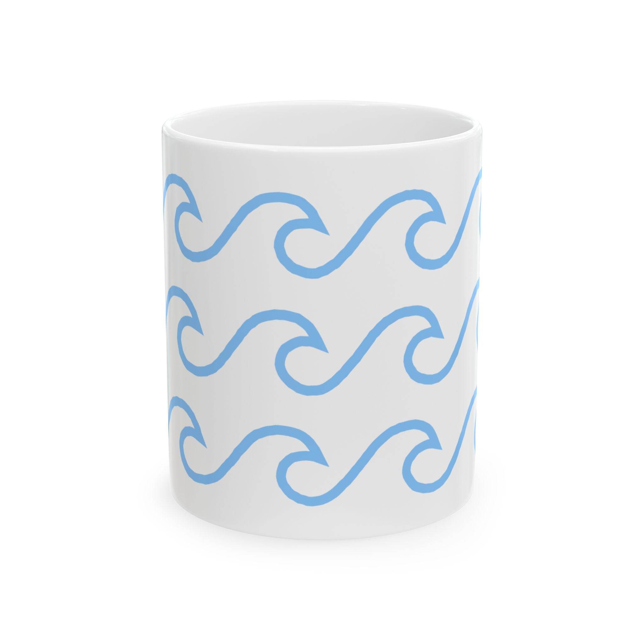 Printify white ceramic mug with wave pattern in blue for stylish drinkware