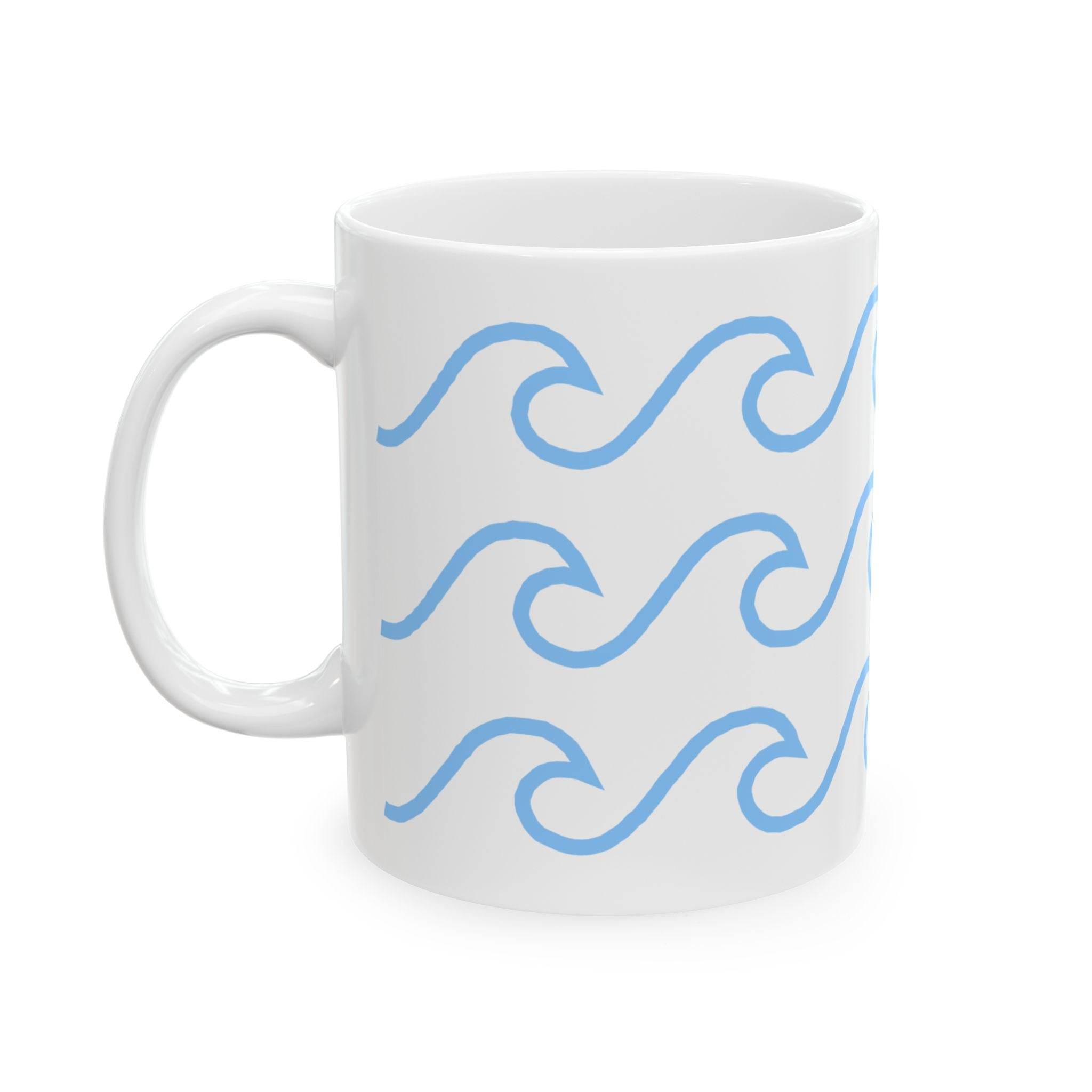 White ceramic mug with wave pattern in light blue printed on the side by Printify