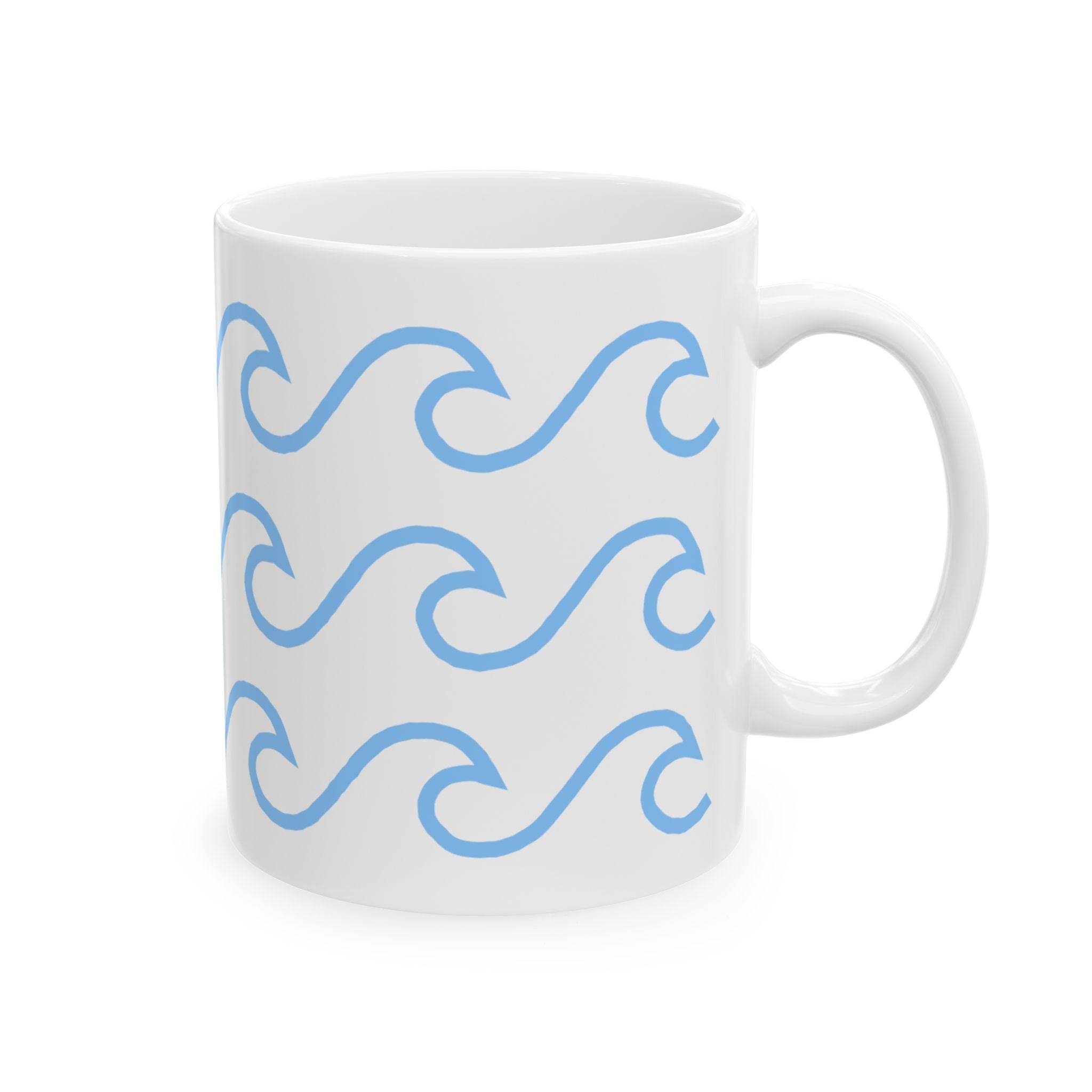 White ceramic mug with wave pattern in blue by Printify with comfortable handle