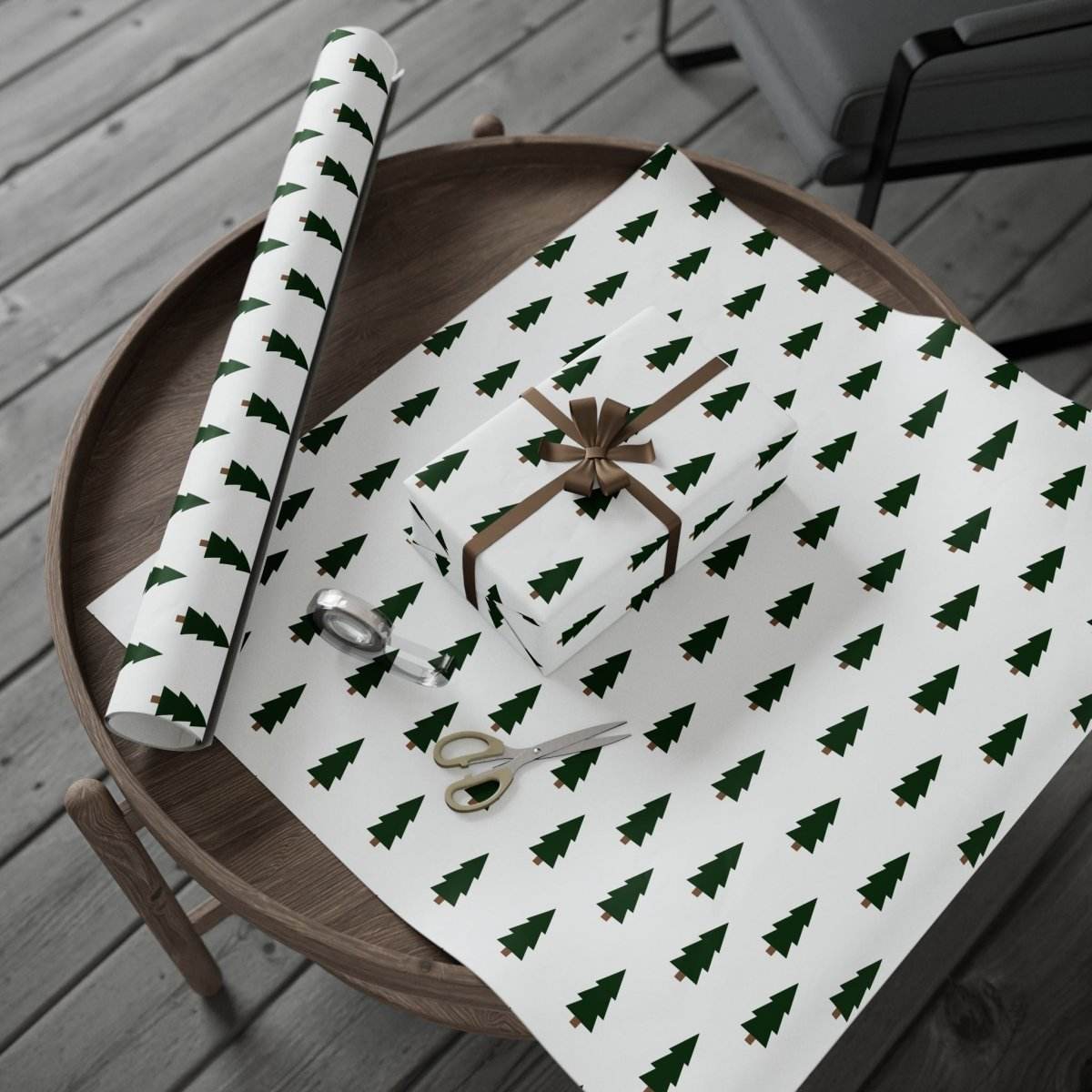 Printify Christmas tree wrapping paper with green tree pattern neatly wrapped around a gift on wooden table