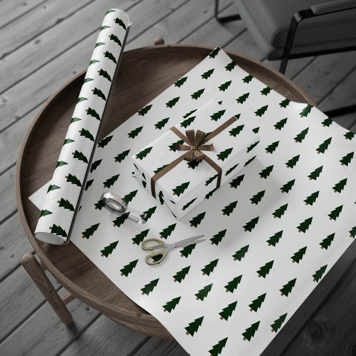 Printify Christmas tree wrapping paper with green tree pattern and a wrapped gift on wooden table