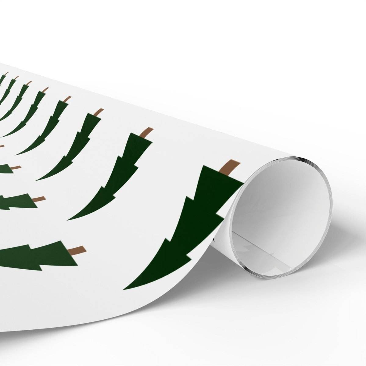 Roll of Printify Christmas tree wrapping paper with green tree pattern on white background