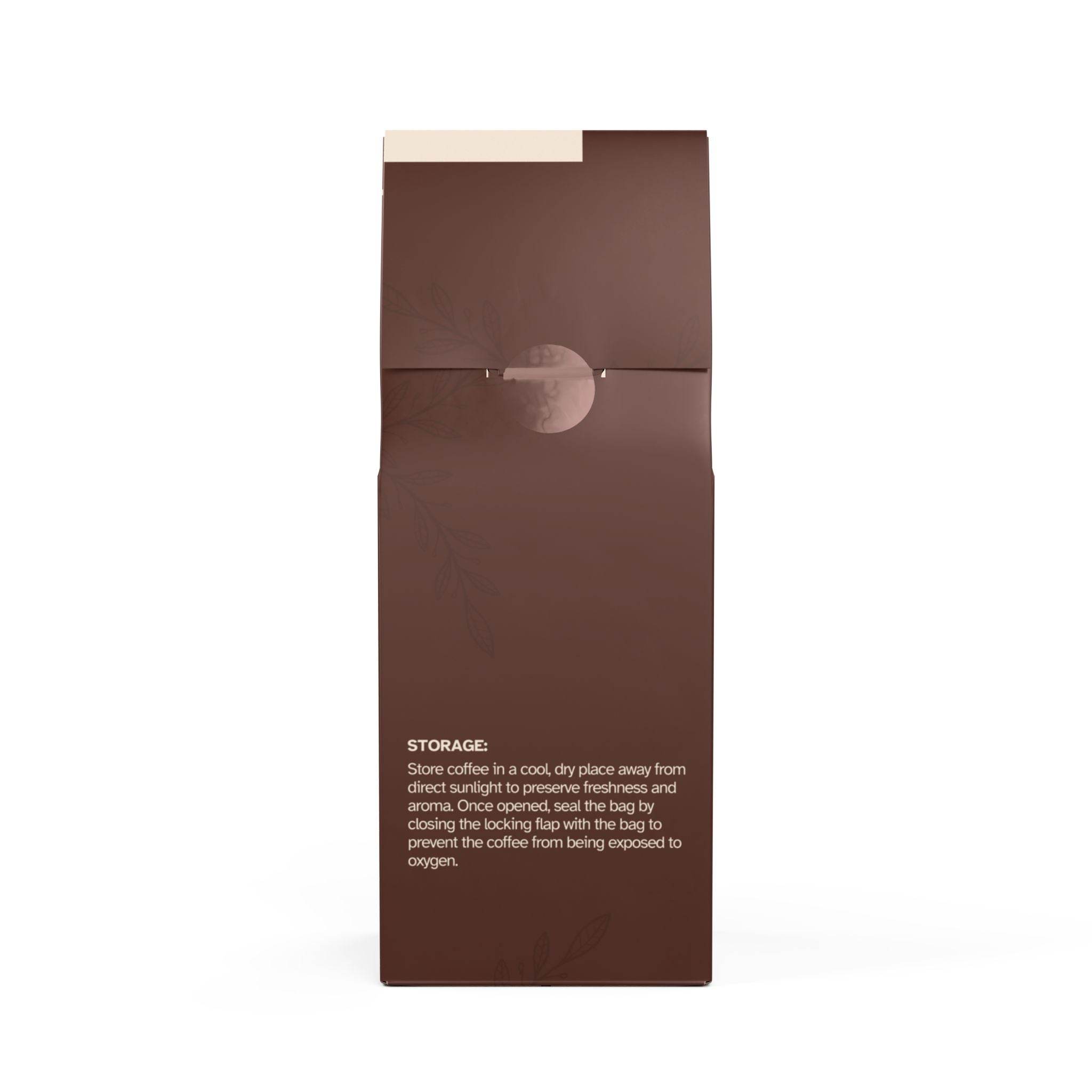 Brown sealed bag of Printify Colombian light roast coffee with storage instructions on white background