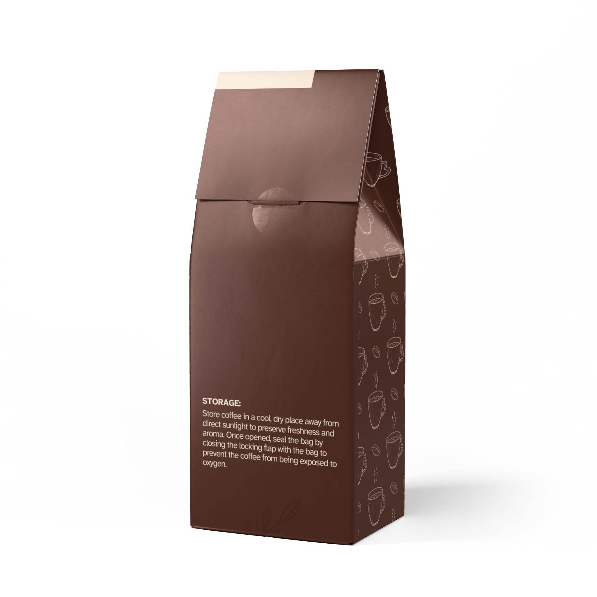 Printify brown packaging bag of Colombian light roast coffee with storage instructions