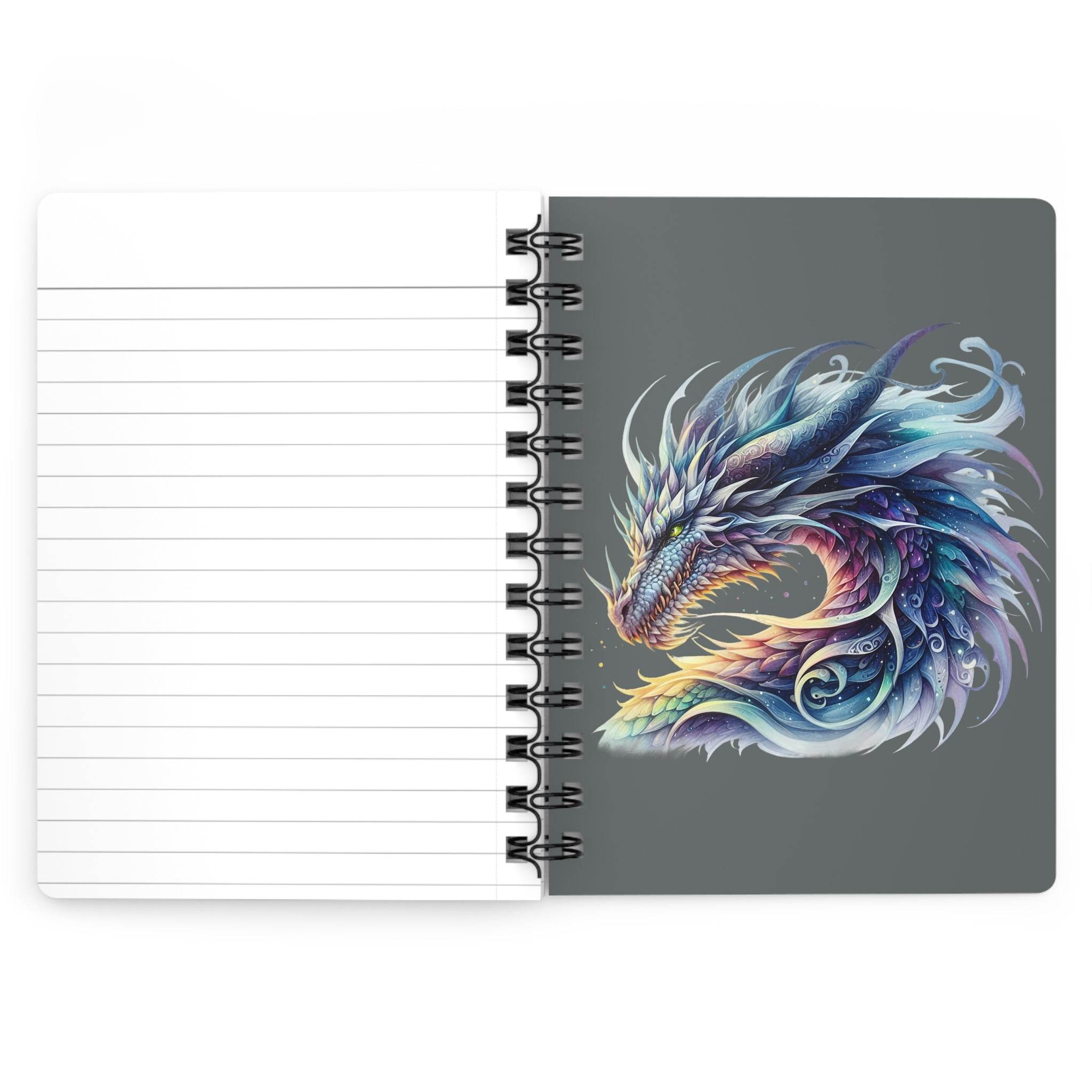 Printify sustainable spiral bound journal with colorful dragon artwork and lined pages