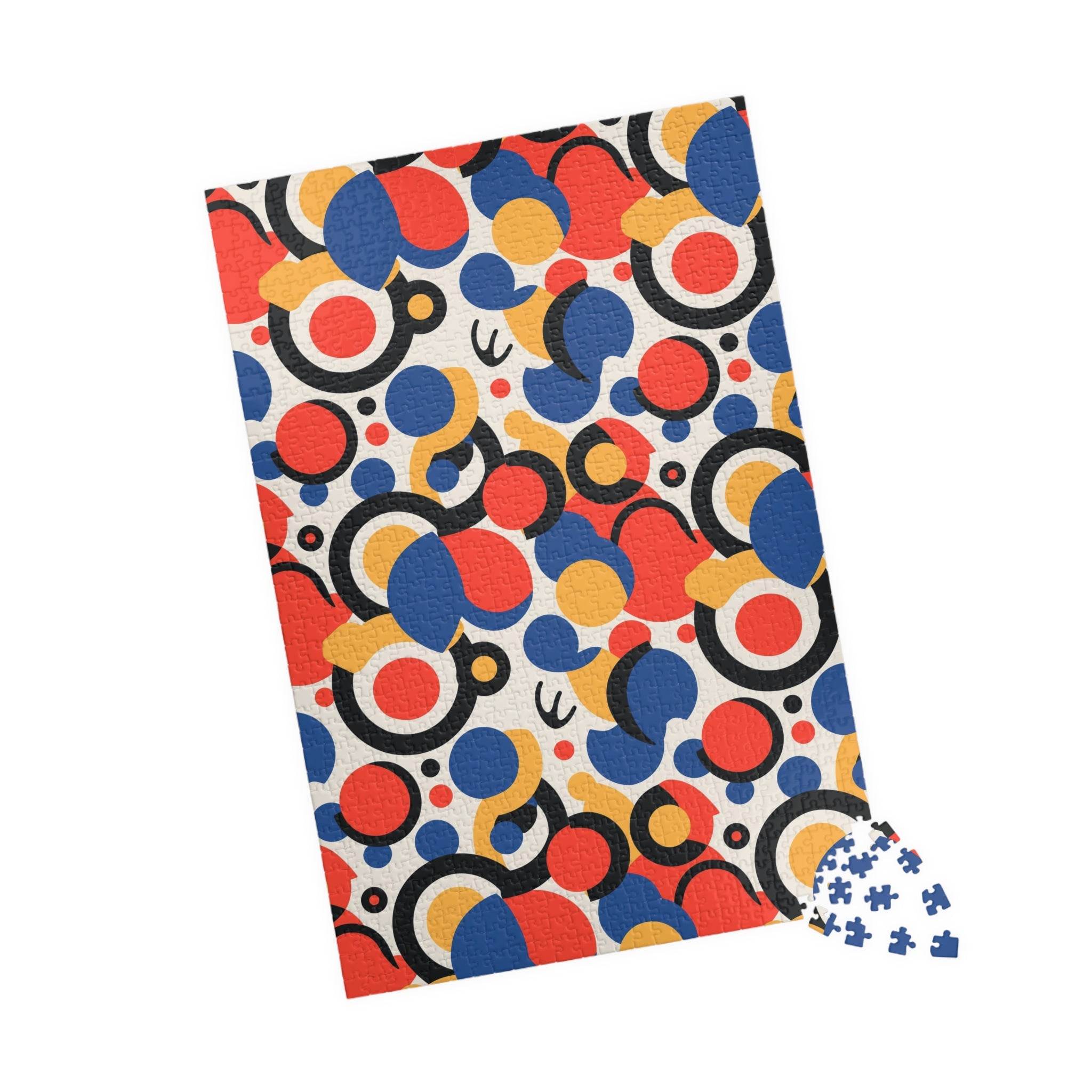 Printify colorful eco puzzle featuring abstract geometric shapes in blue red yellow and black