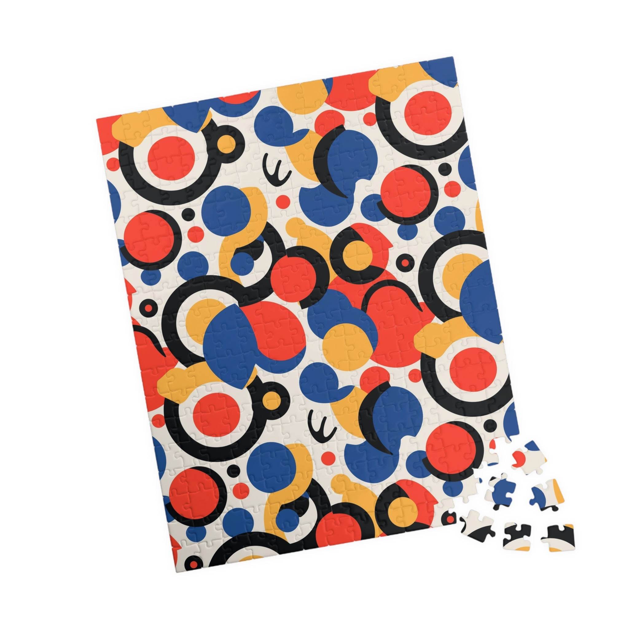 Printify colorful eco puzzle featuring abstract circular patterns in red blue yellow and black