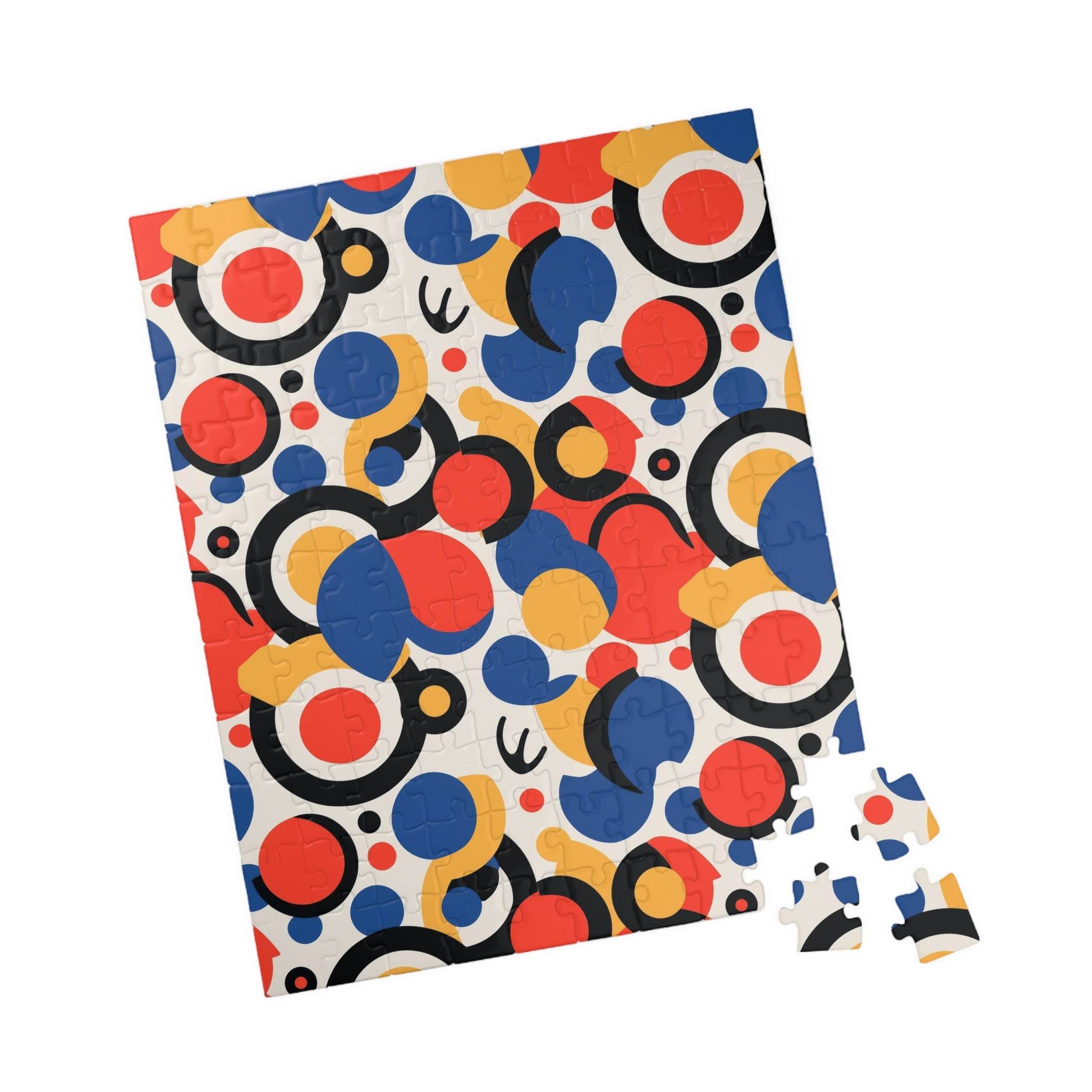 Printify colorful eco puzzle with abstract red blue yellow circles and two loose pieces