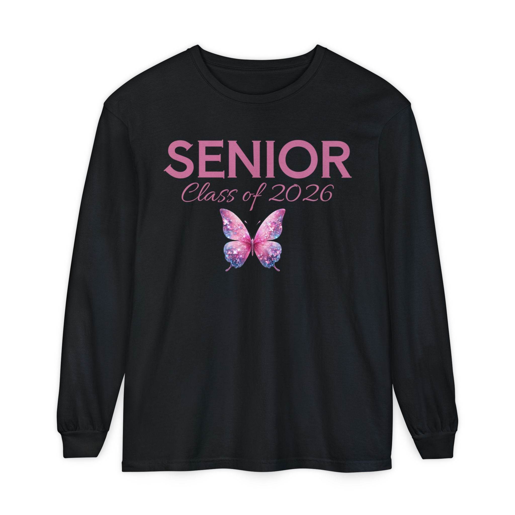Black long sleeve Printify shirt with large pink SENIOR text script Class of 2026 and butterfly senior class of 2026 shirt