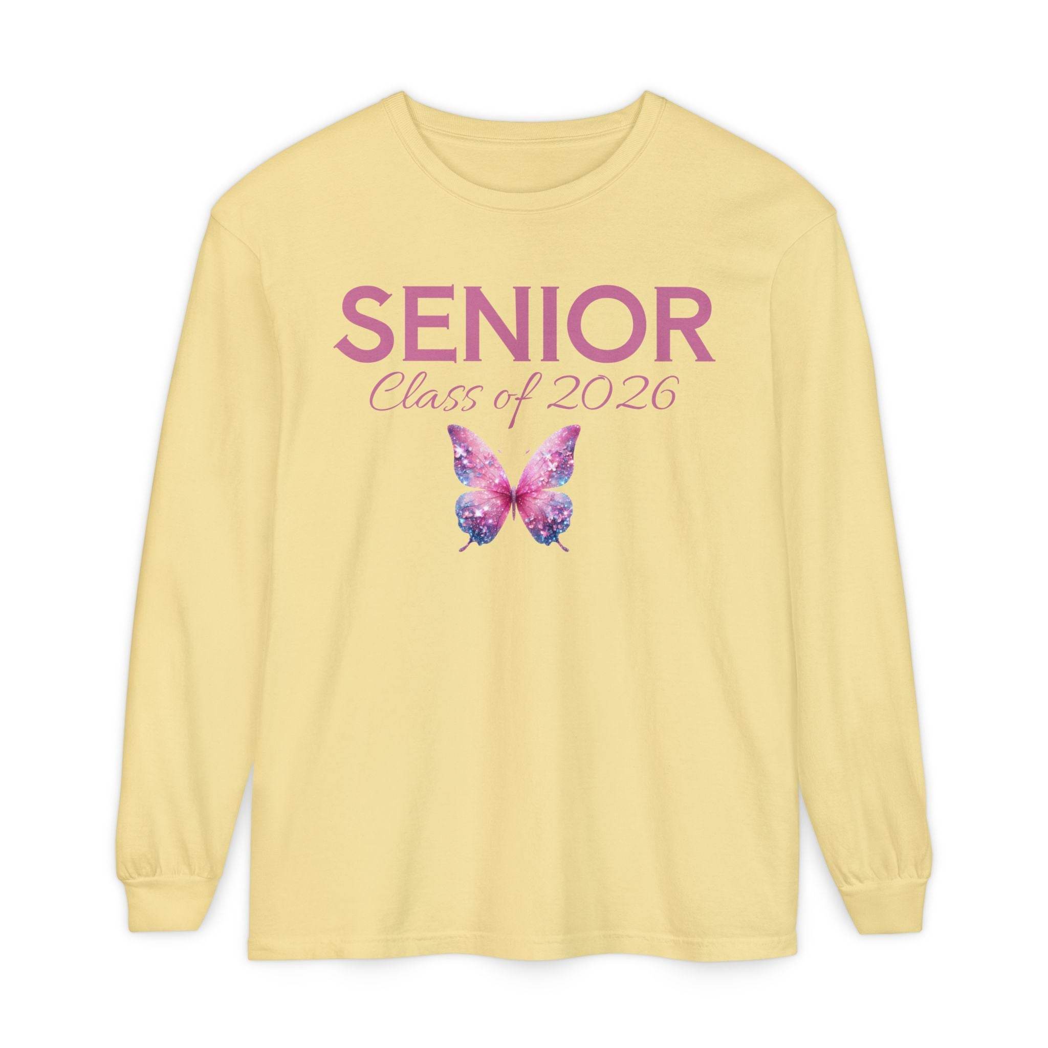 Yellow long sleeve Printify shirt with pink SENIOR Class of 2026 text and watercolor butterfly design senior class of 2026 shirt