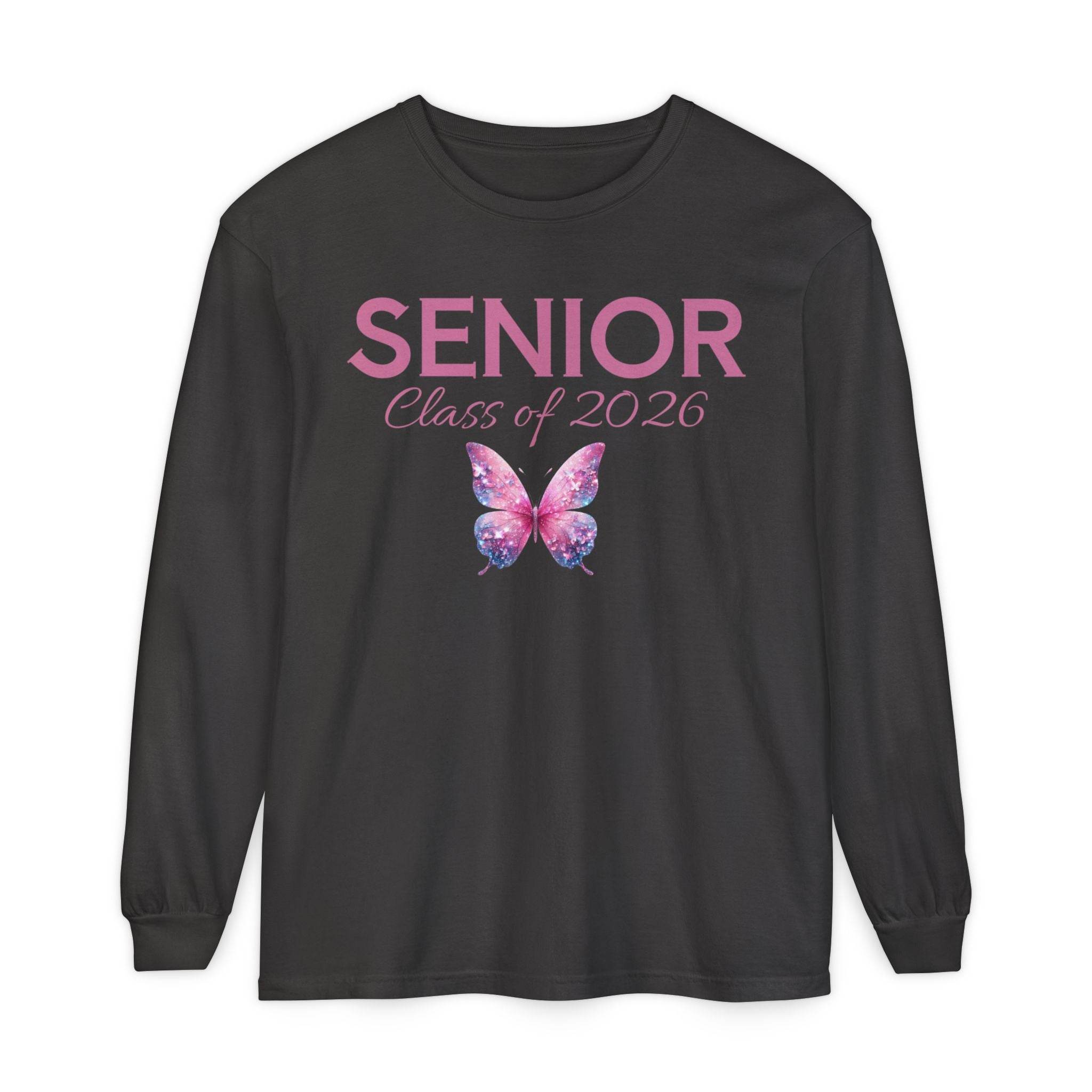 Printify long sleeves senior class of 2026 shirt black with pink SENIOR text and galaxy butterfly graphic