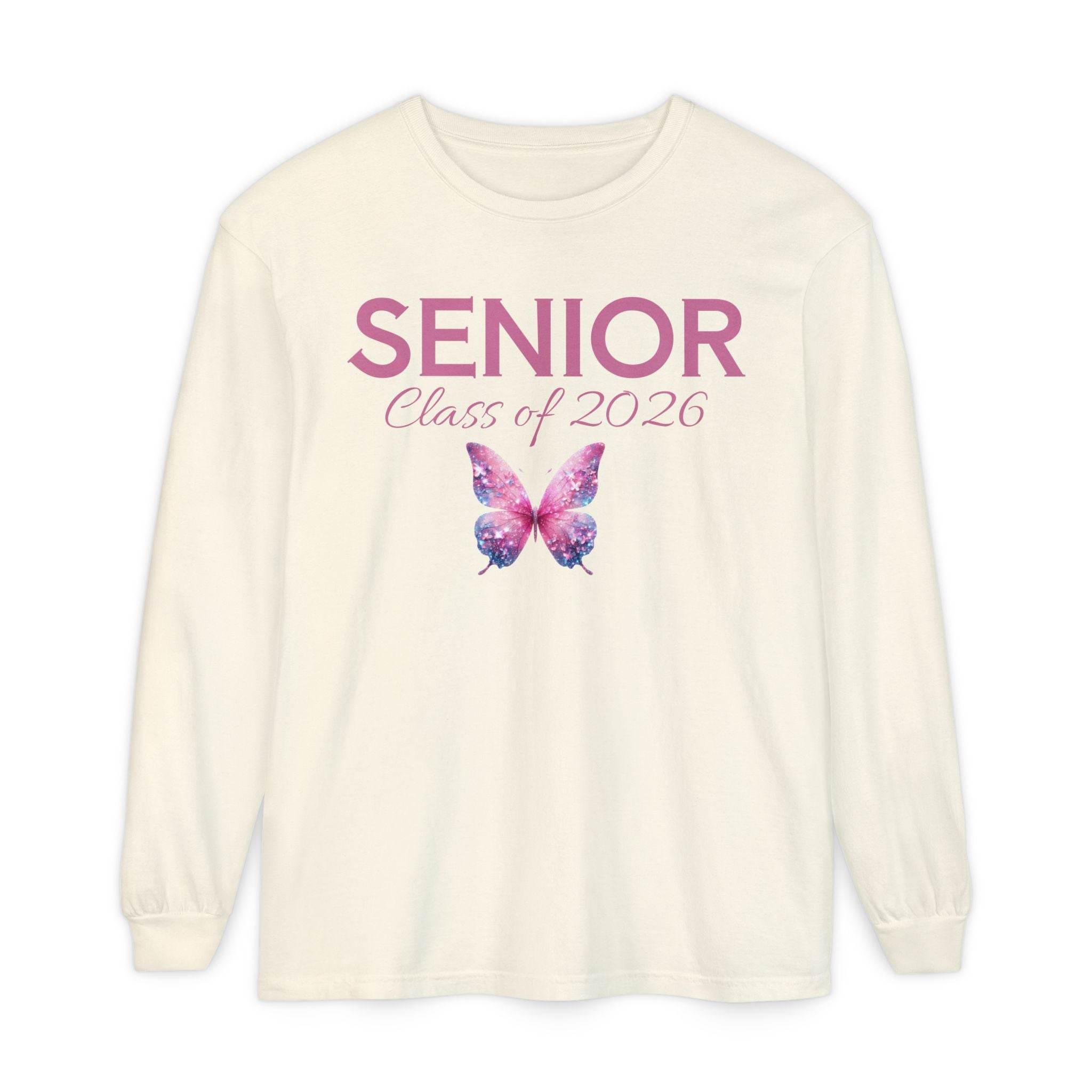 Cream long sleeve shirt with pink SENIOR Class of 2026 text and watercolor butterfly graphic senior class of 2026 shirt