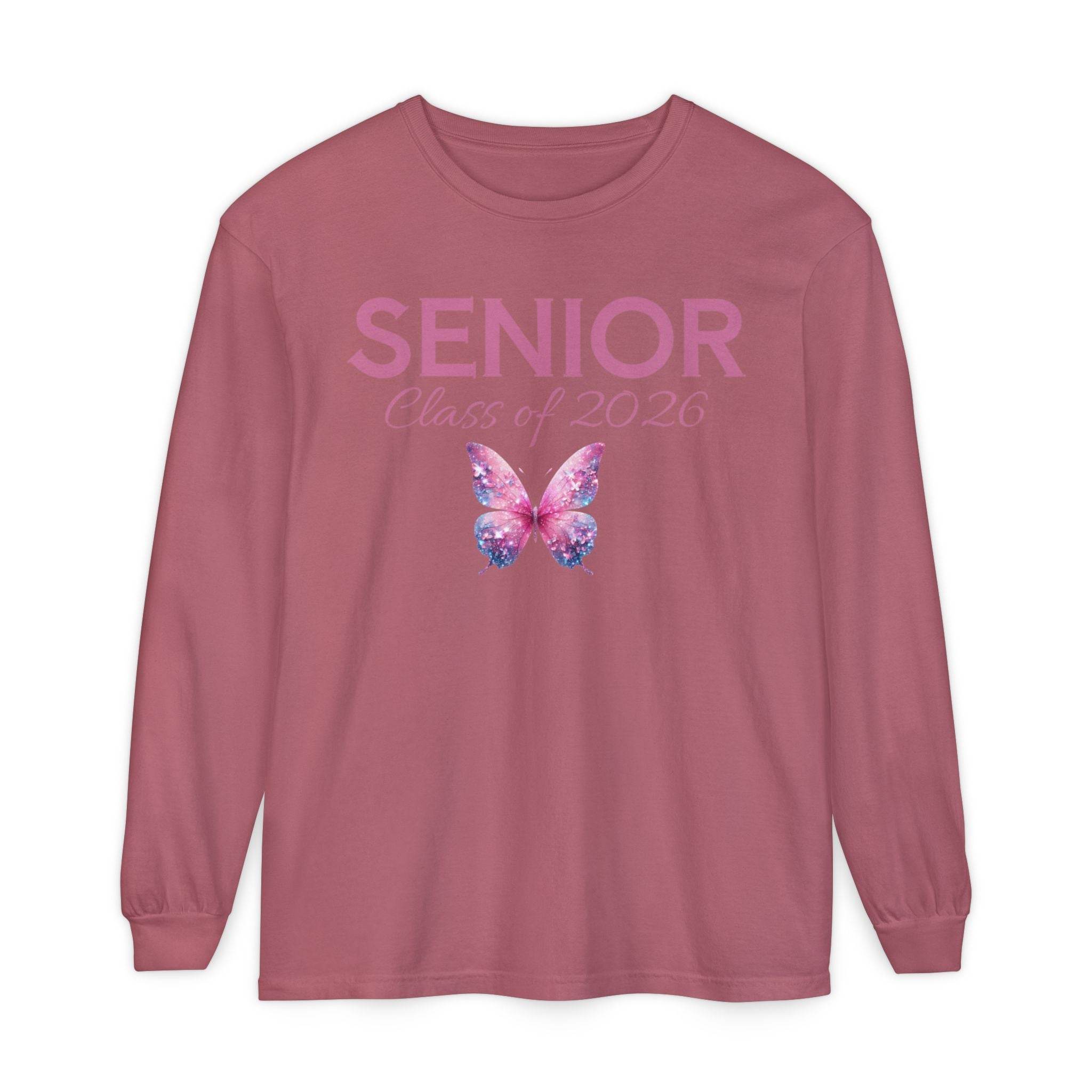 Printify long sleeve mauve shirt with pink and purple glitter butterfly and SENIOR Class of 2026 text senior class of 2026 shirt
