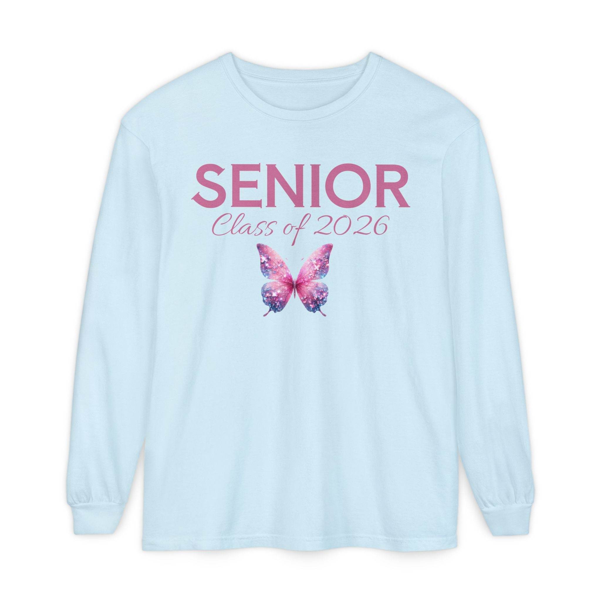 Light blue long-sleeve senior class of 2026 shirt with pink SENIOR text and pink purple watercolor butterfly