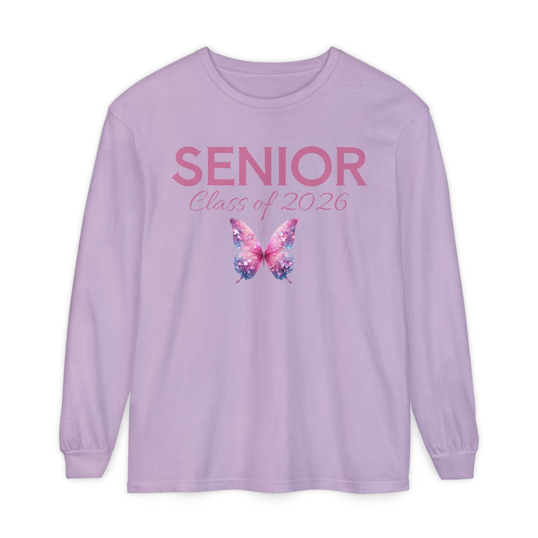 Lavender long sleeve with pink SENIOR lettering script Class of 2026 and butterfly design senior class of 2026 shirt