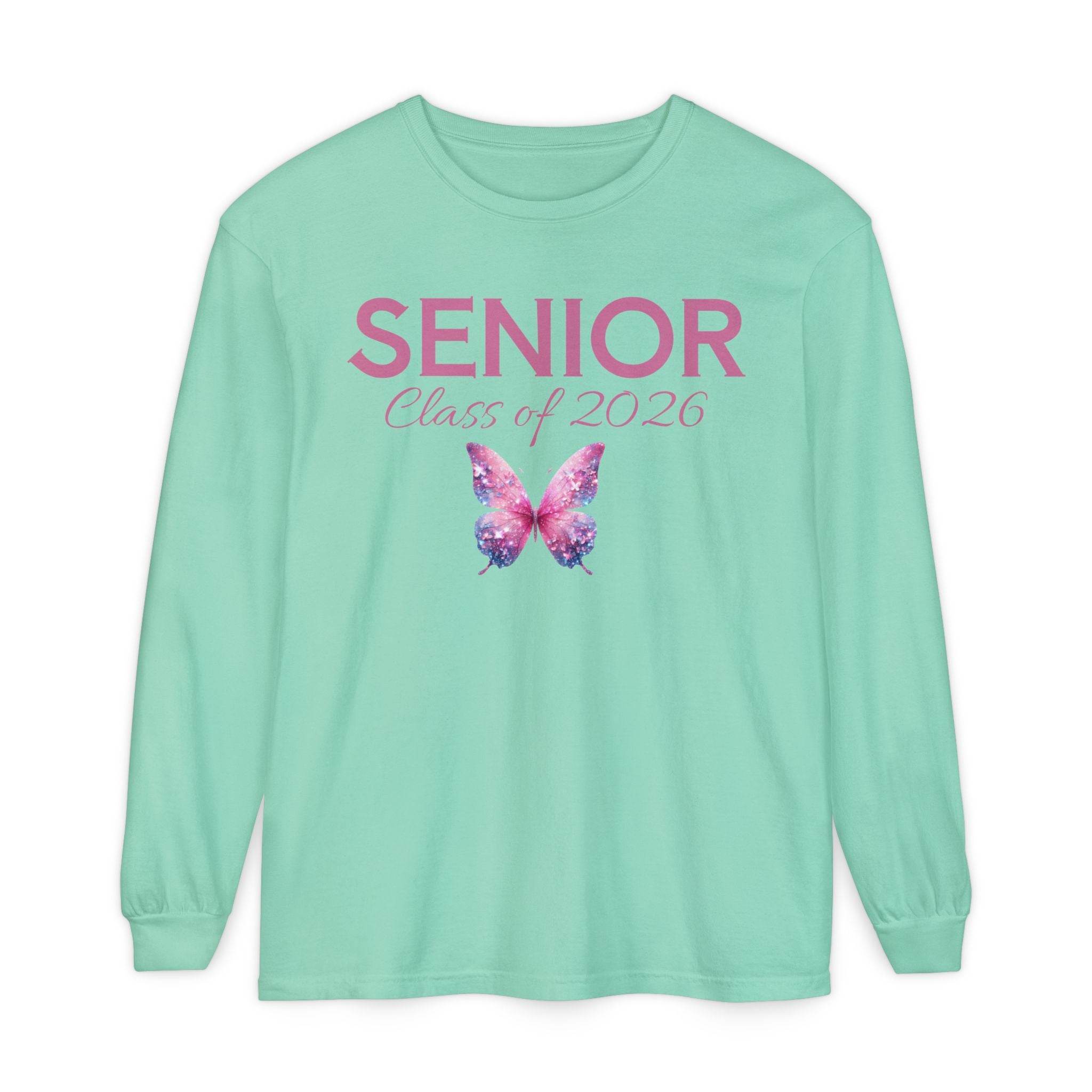 Mint long sleeve tee with pink SENIOR text script Class of 2026 and purple butterfly senior class of 2026 shirt