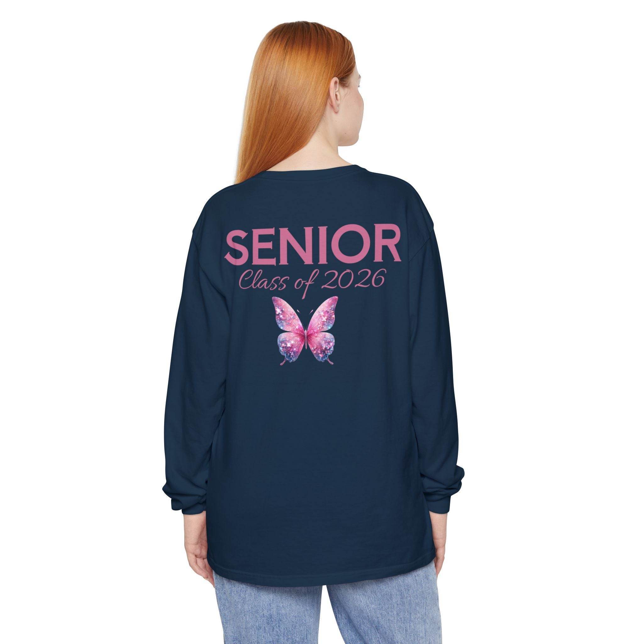Back view of Printify navy long sleeves with pink butterfly and SENIOR Class of 2026 print senior class of 2026 shirt