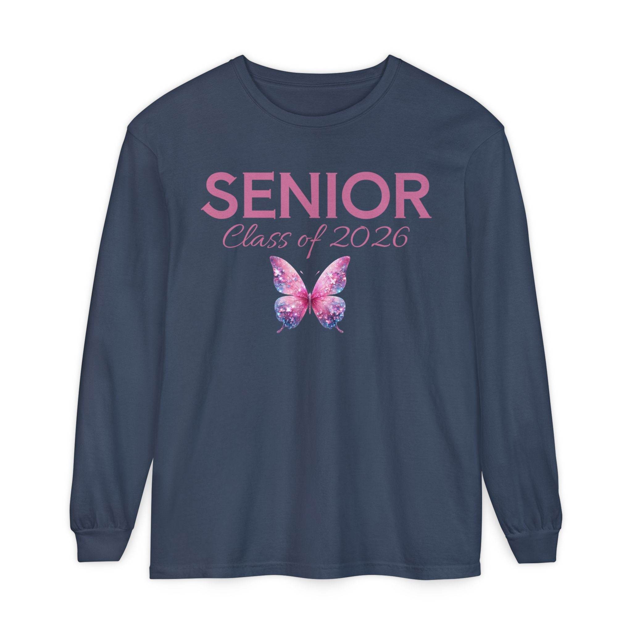 Navy long sleeve senior class of 2026 shirt with pink SENIOR text and floral watercolor butterfly design