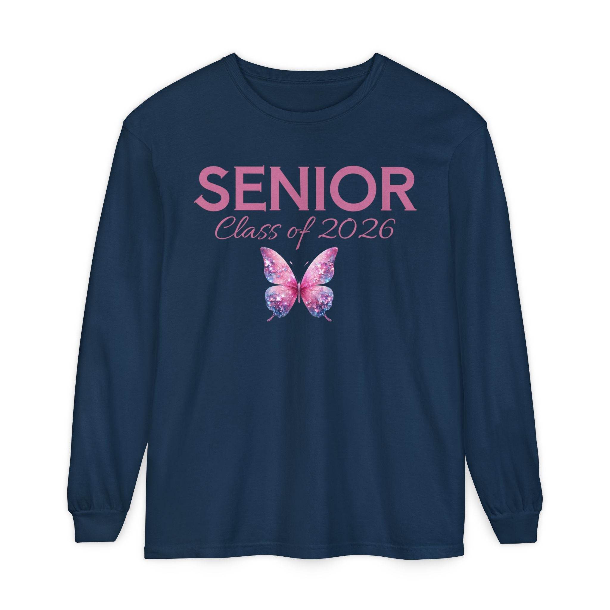 Printify navy long sleeve shirt with pink butterfly and script senior class of 2026 shirt design