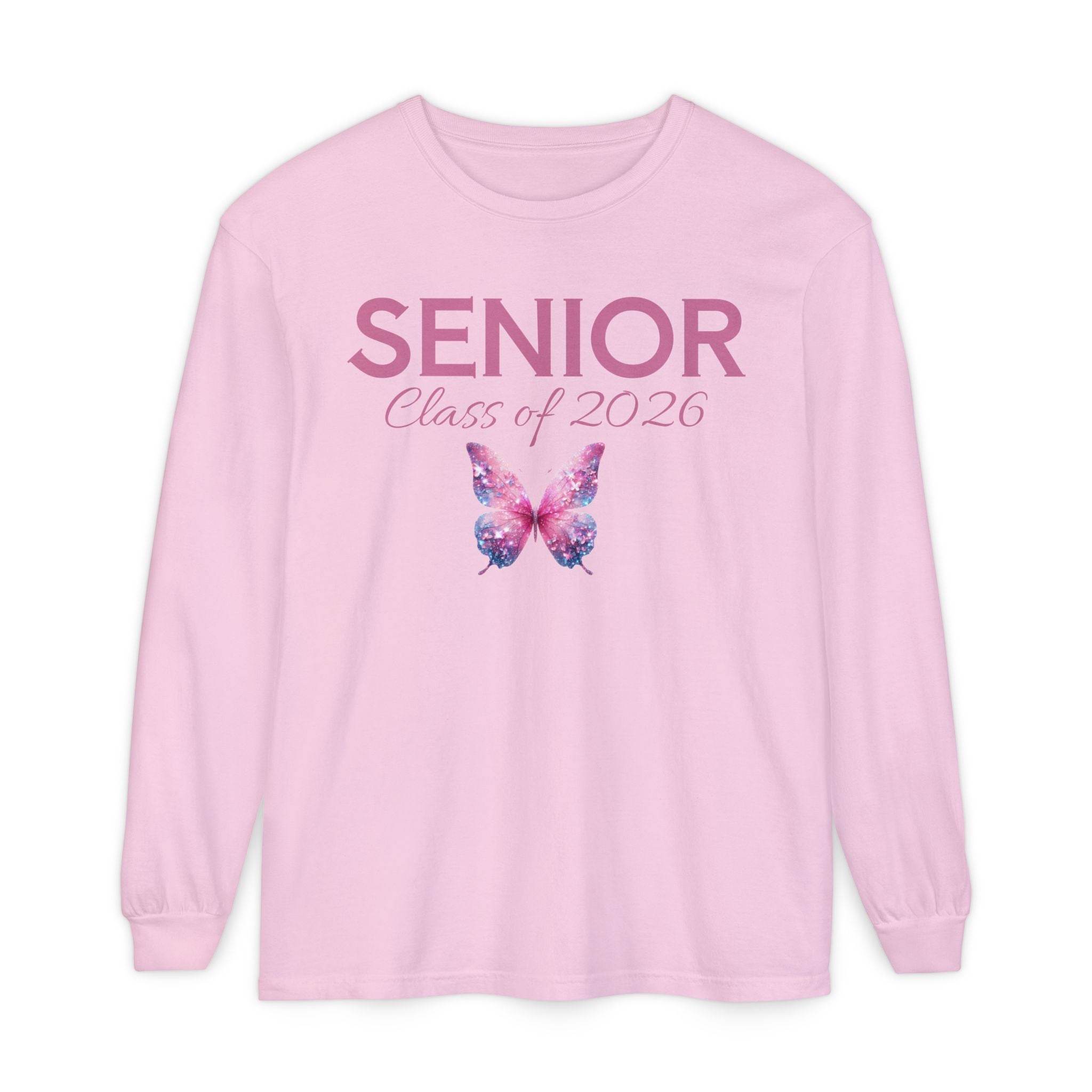 Printify pink long sleeve shirt with SENIOR Class of 2026 text and butterfly graphic senior class of 2026 shirt