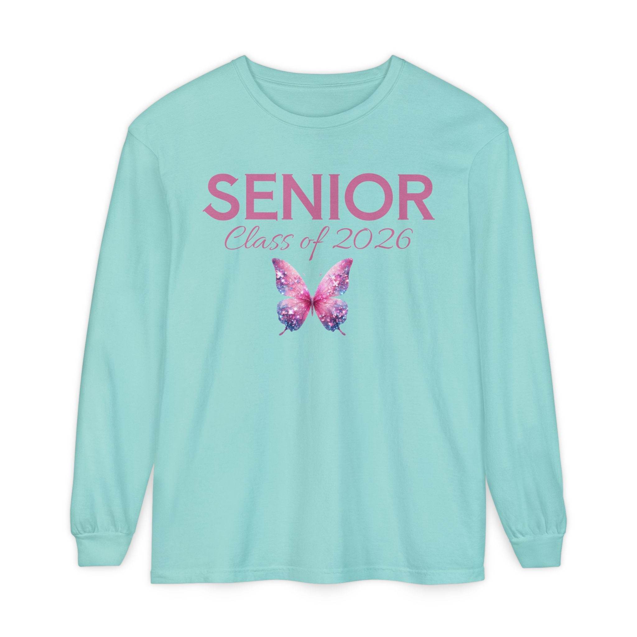 Printify aqua long sleeve shirt with pink butterfly and SENIOR Class of 2026 print senior class of 2026 shirt