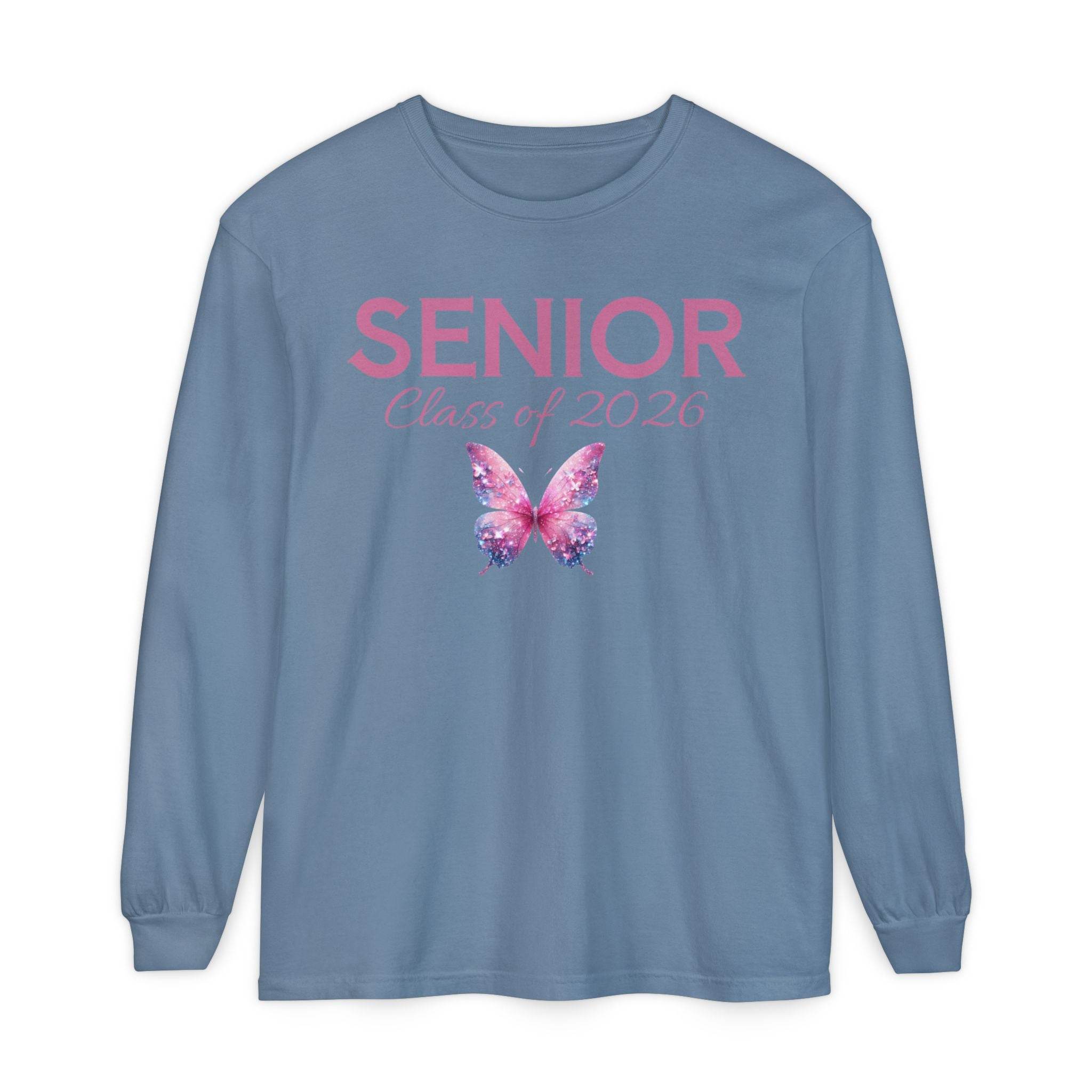Printify blue long sleeve senior class of 2026 shirt with pink SENIOR text and sparkly butterfly graphic