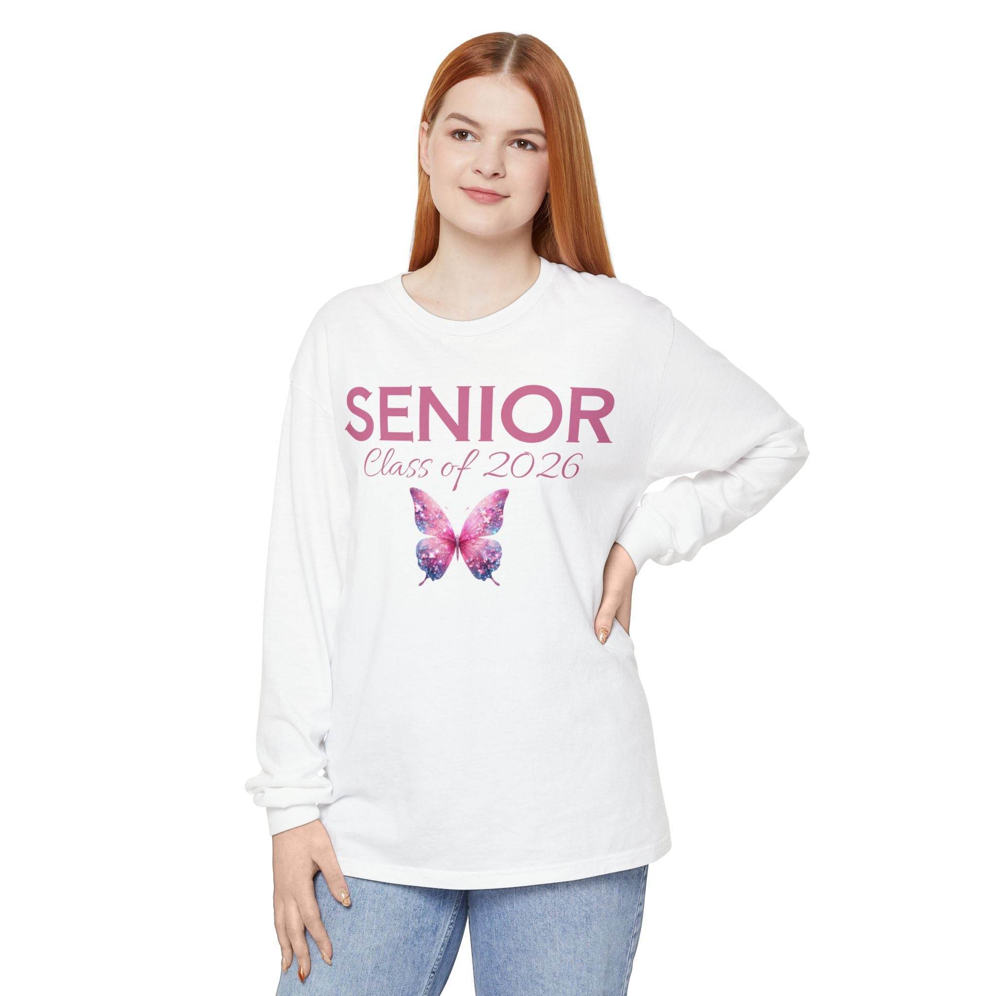 Printify long sleeve white senior class of 2026 shirt with pink text and galaxy butterfly graphic